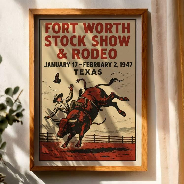 Vintage Fort Worth Rodeo Wall Art Print – 1947 Texas Cowboy Bull