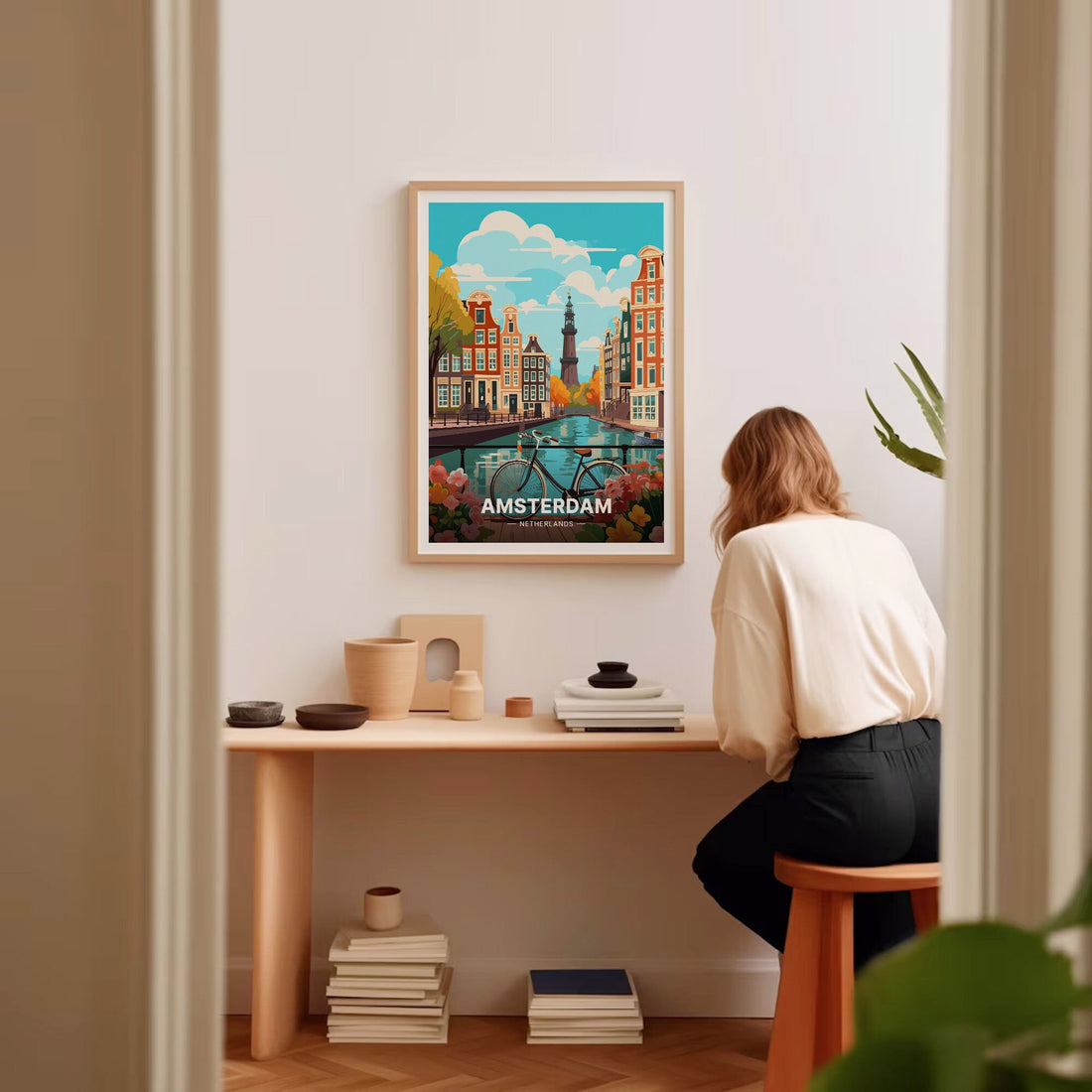 Amsterdam Cityscape Wall Art Poster – Netherlands Travel Print Dutch Landmarks Decor