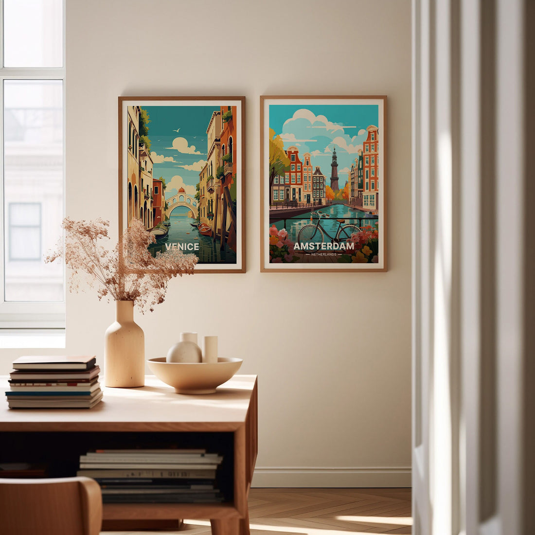 Amsterdam Cityscape Wall Art Poster – Netherlands Travel Print Dutch Landmarks Decor