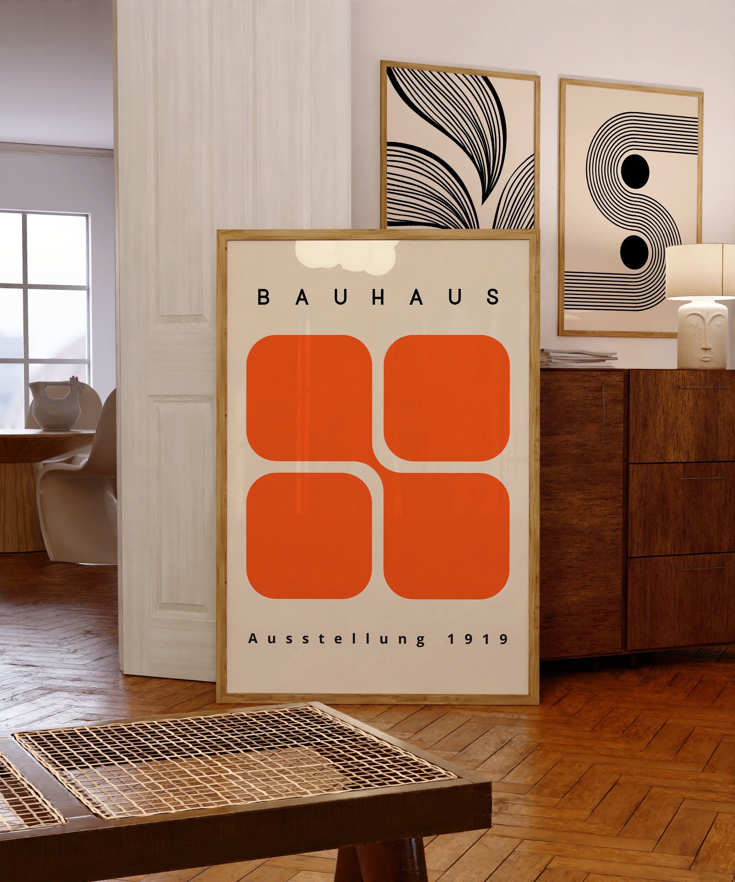Bauhaus Wall Art Print – Mid Century Modern Orange Geometric Poster Decor