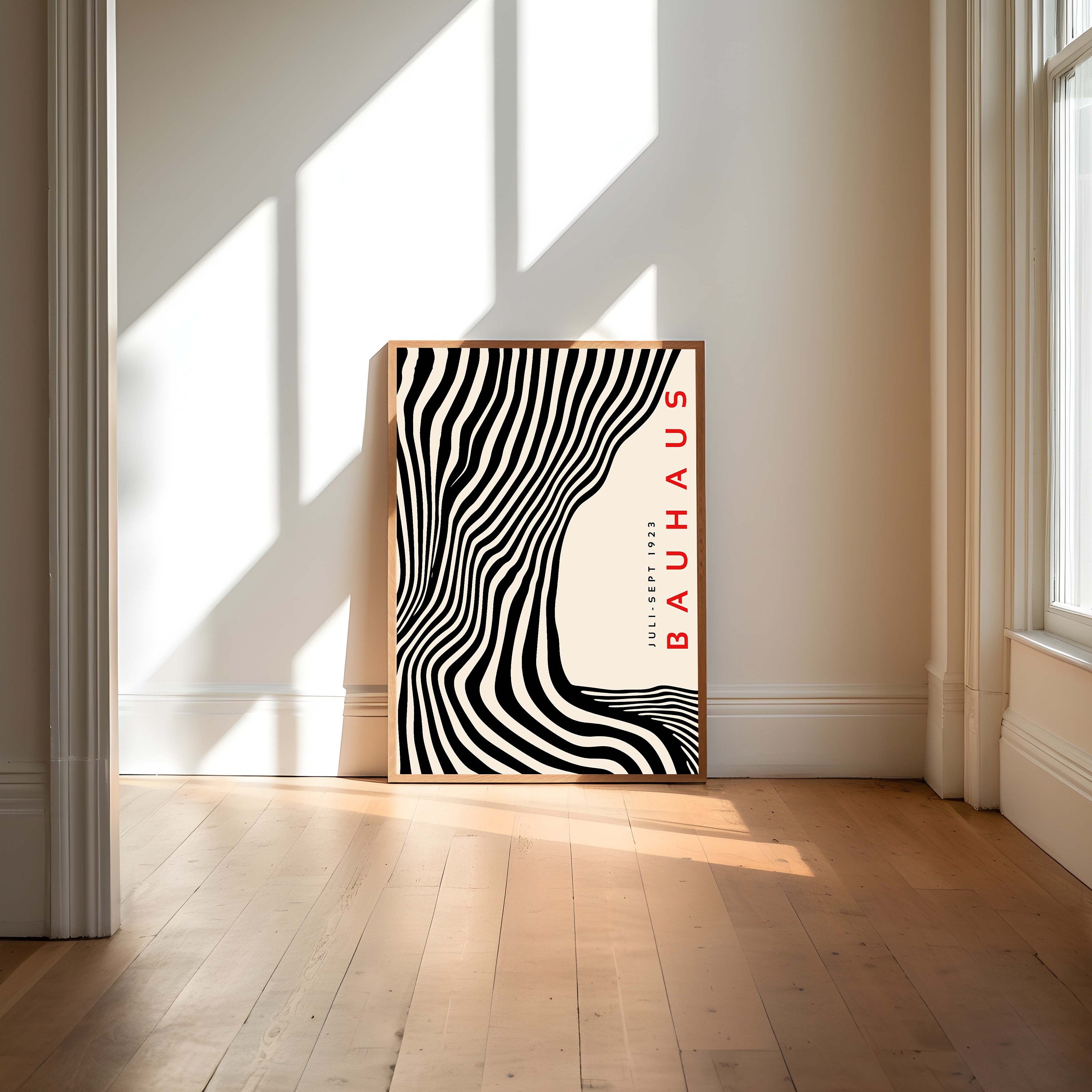 Black Bauhaus Wall Art Print – Mid Century Modern Wavy Geometric Poster Decor