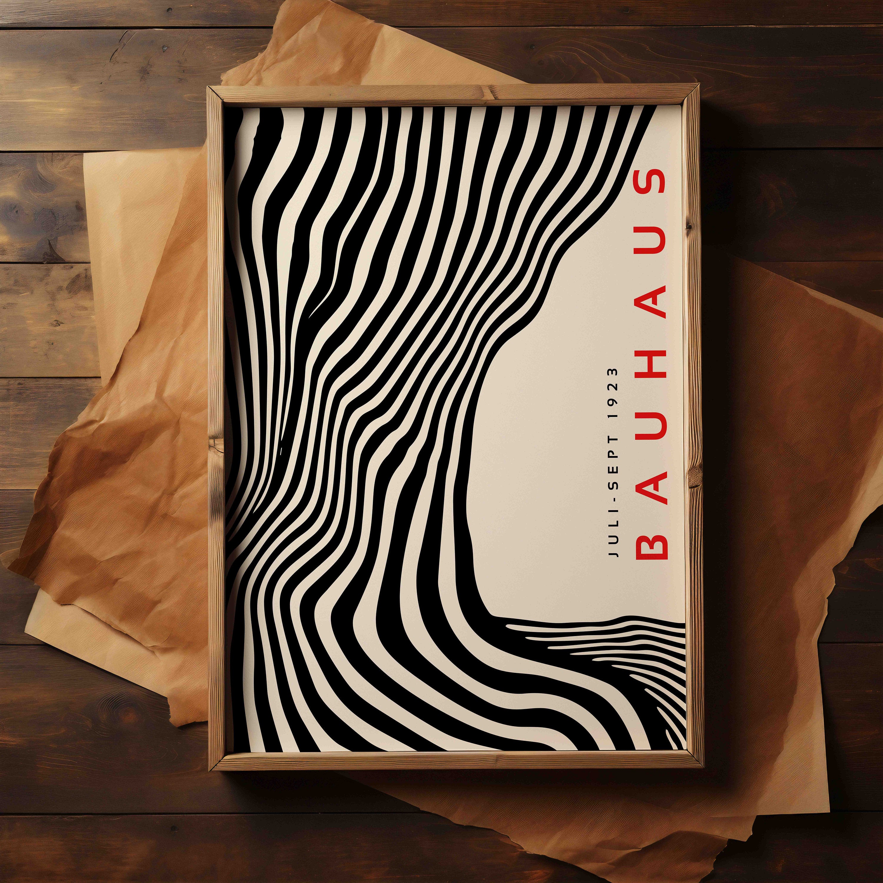 Black Bauhaus Wall Art Print – Mid Century Modern Wavy Geometric Poster Decor