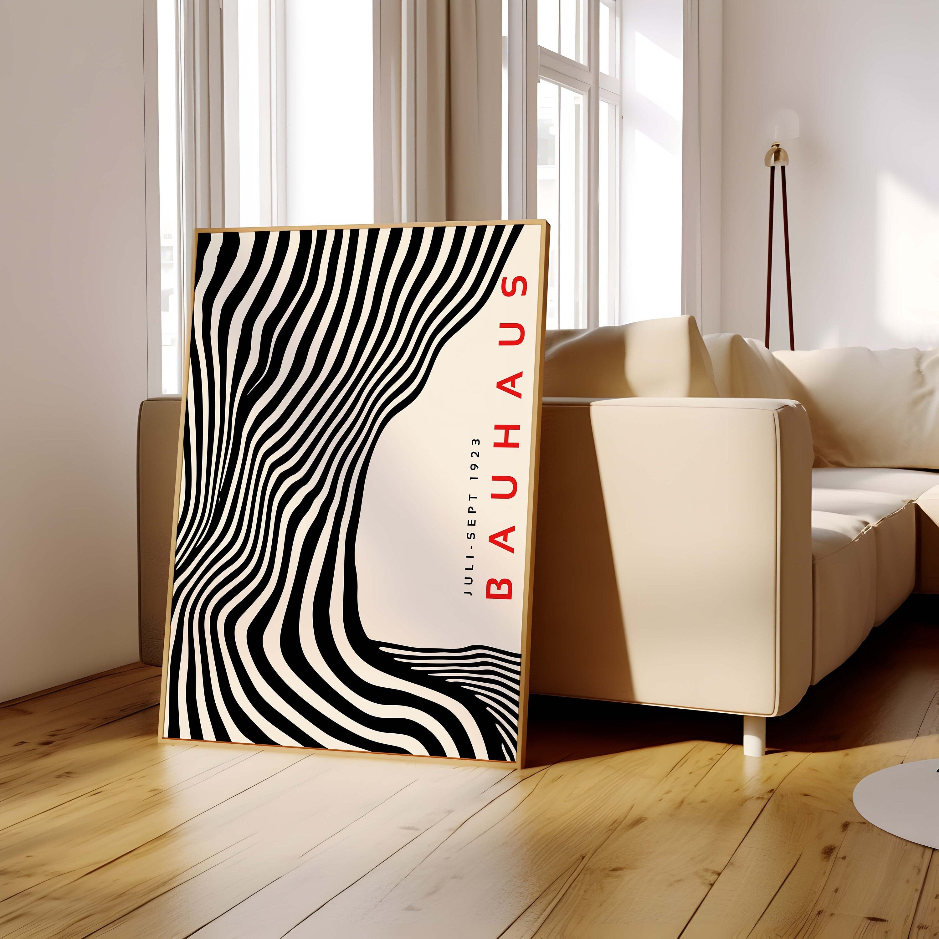 Black Bauhaus Wall Art Print – Mid Century Modern Wavy Geometric Poster Decor