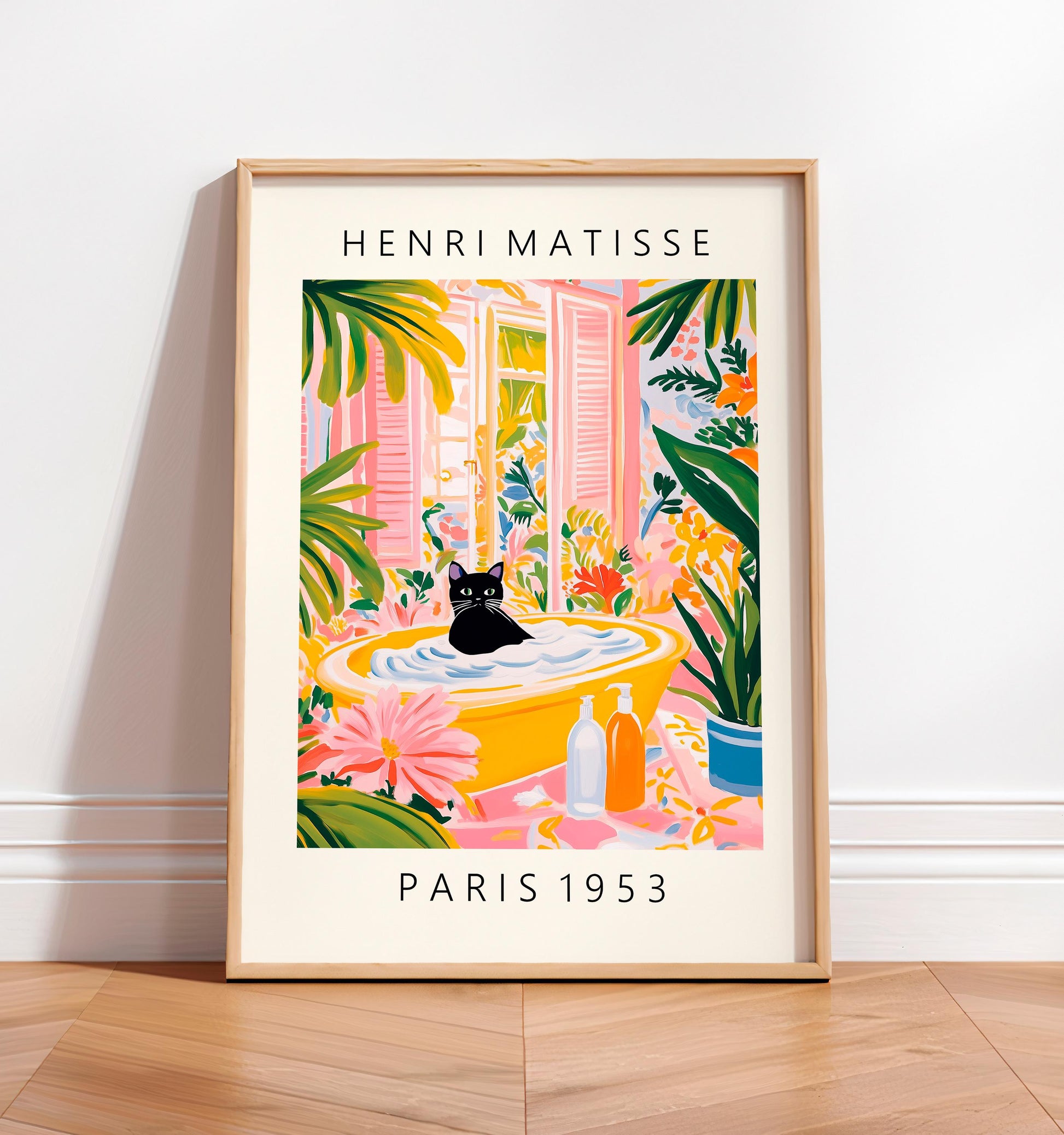 Black Cat Bathtub Wall Art Print – Matisse Style Bathroom Decor