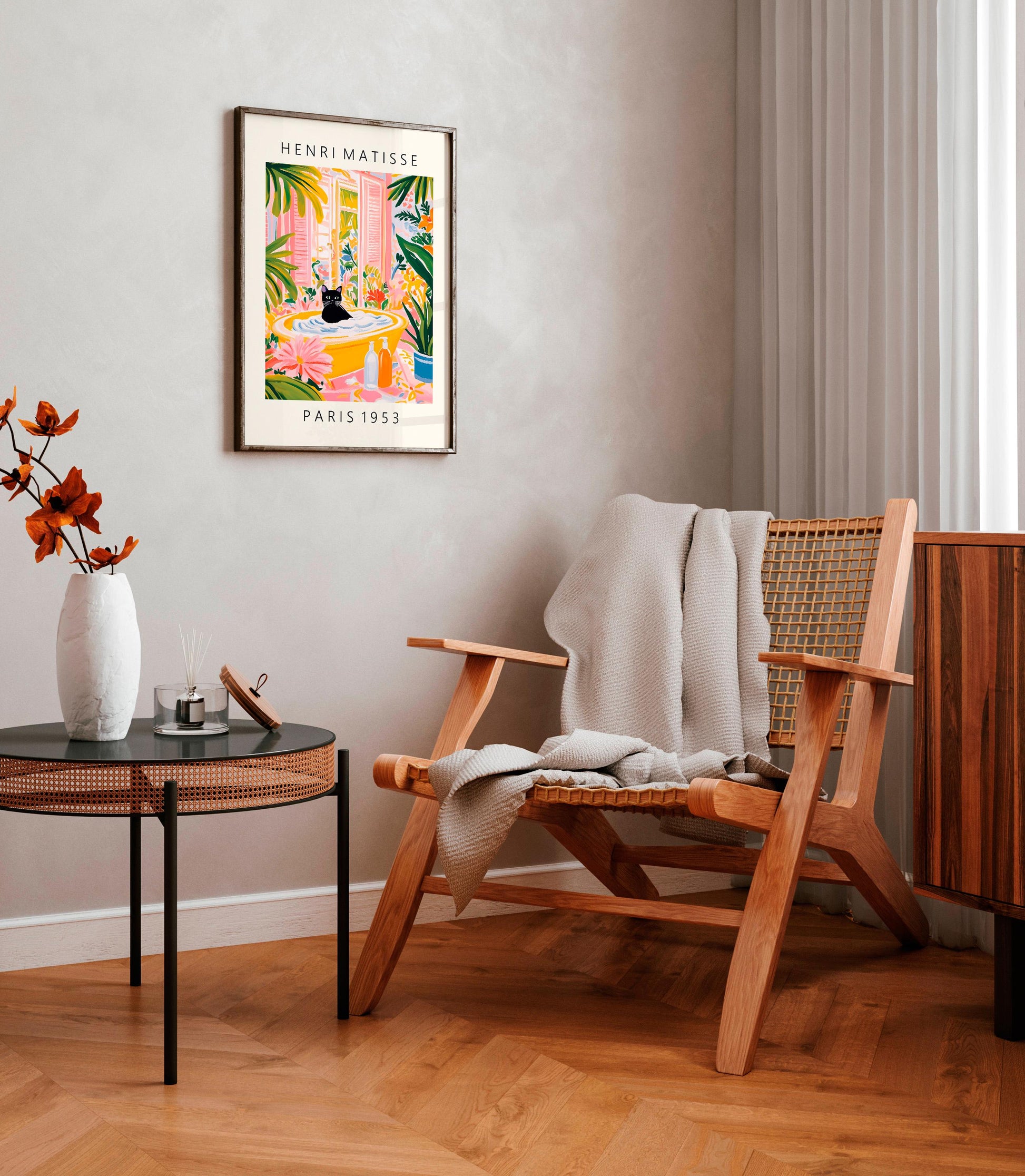 Black Cat Bathtub Wall Art Print – Matisse Style Bathroom Decor