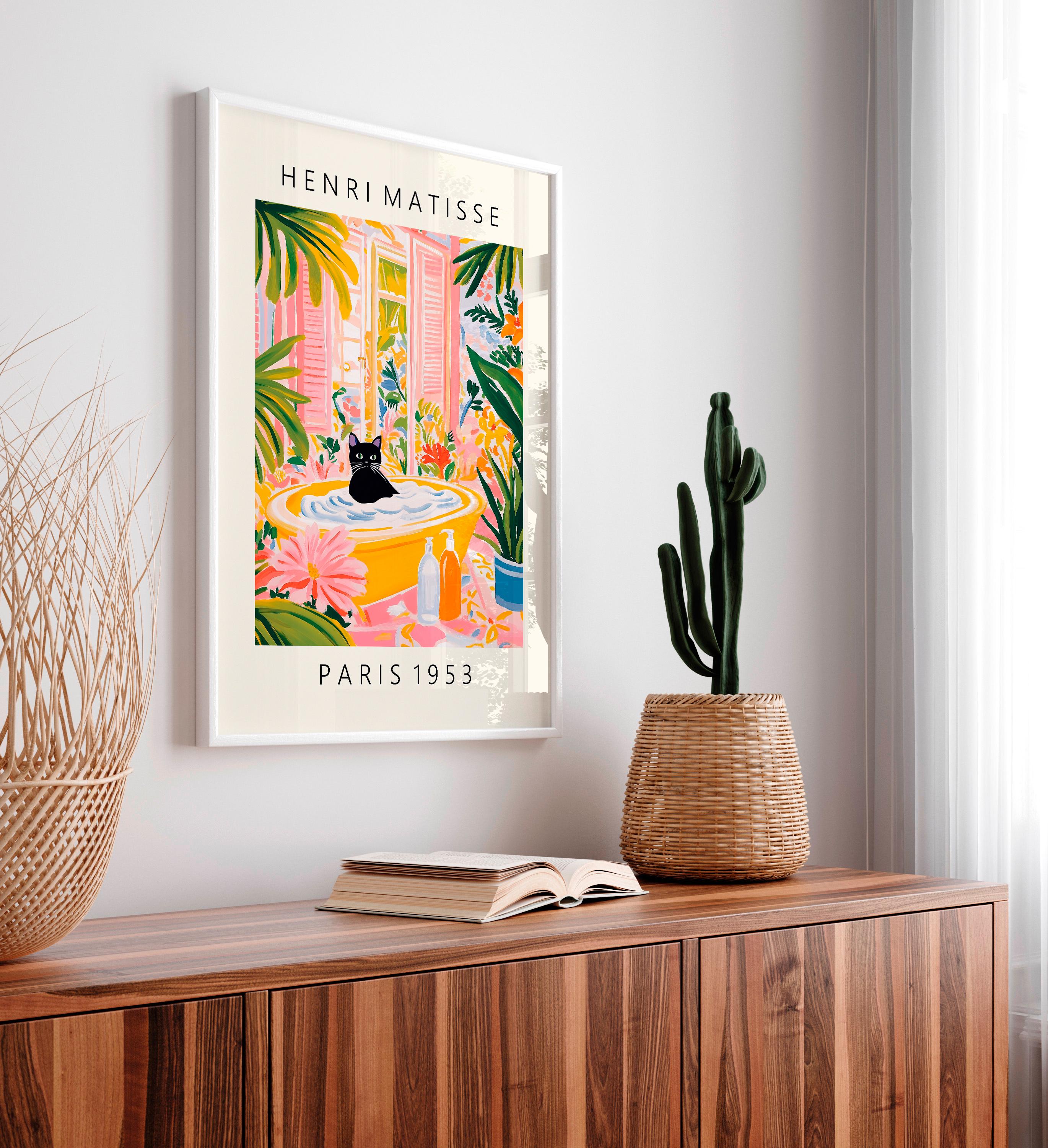 Black Cat Bathtub Wall Art Print – Matisse Style Bathroom Decor