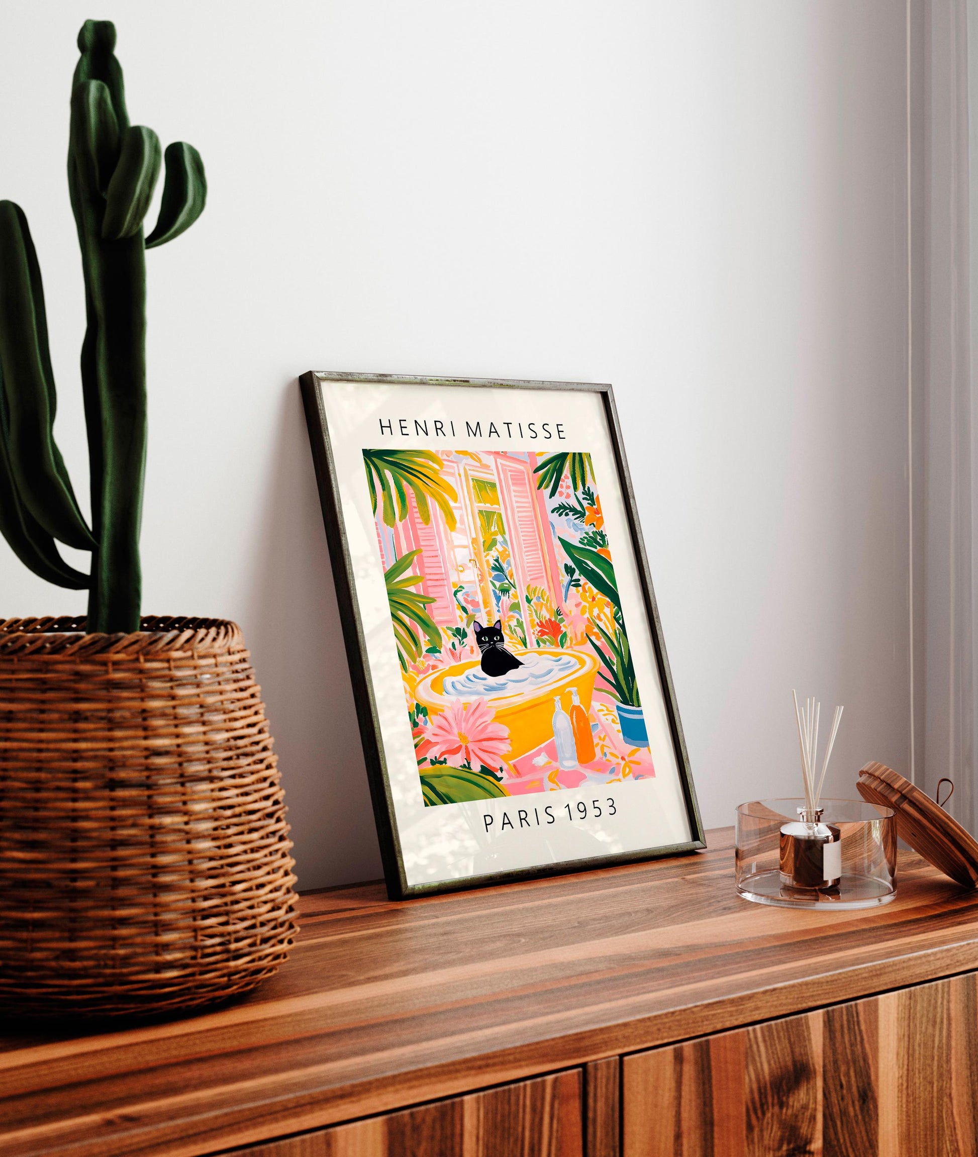 Black Cat Bathtub Wall Art Print – Matisse Style Bathroom Decor