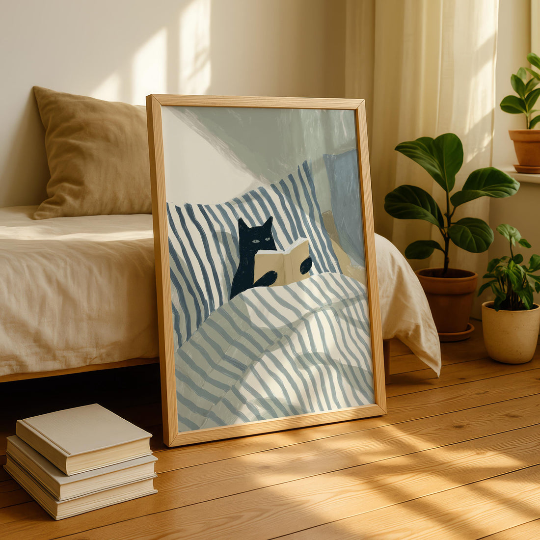 Black Cat Reading Wall Art Print – Cozy Book Lover Bedroom Decor