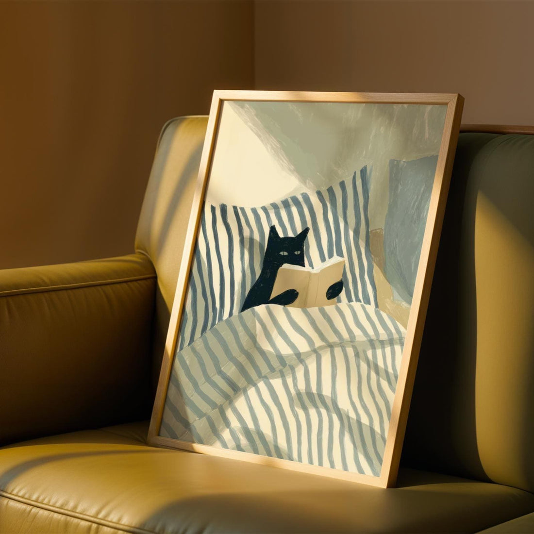 Black Cat Reading Wall Art Print – Cozy Book Lover Bedroom Decor