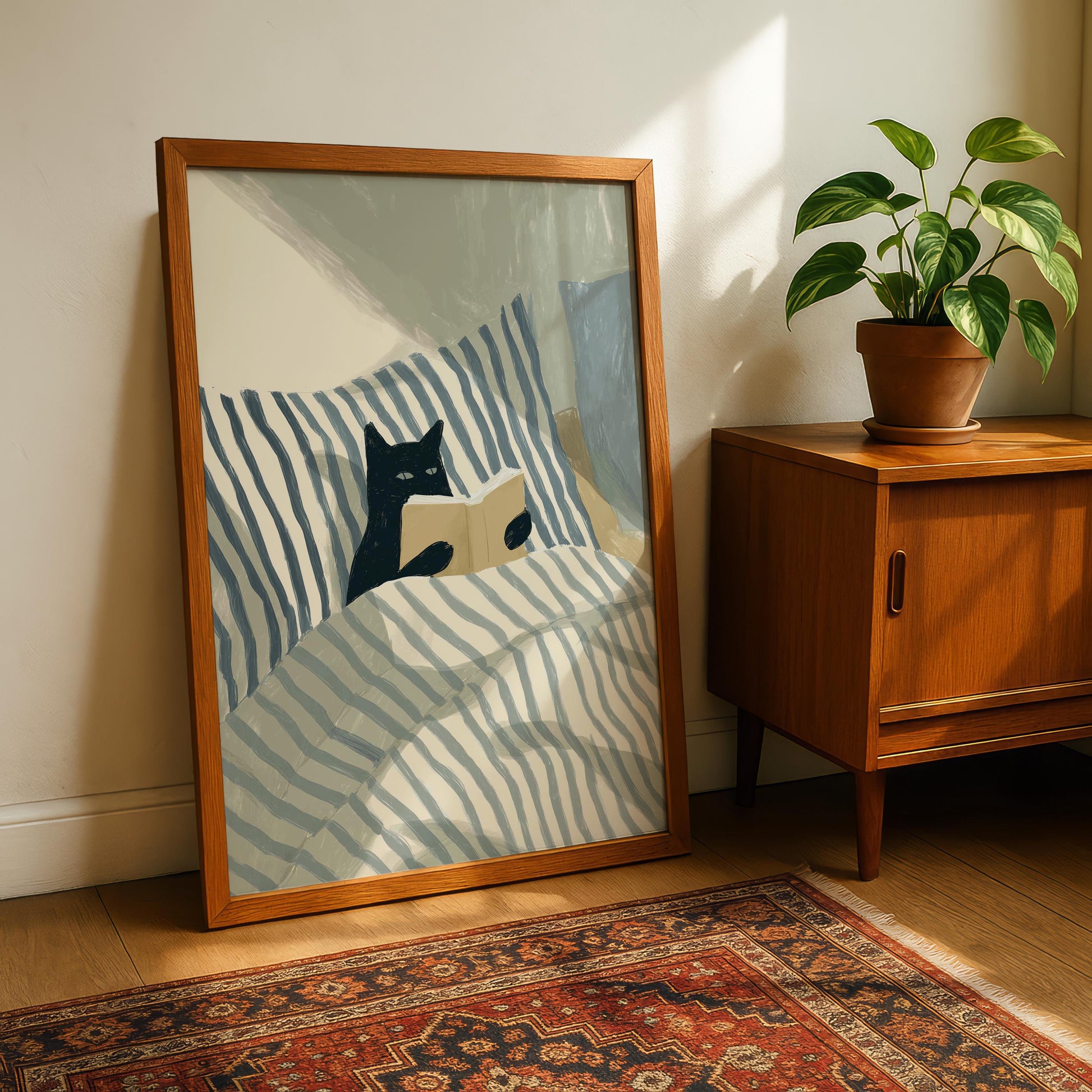 Black Cat Reading Wall Art Print – Cozy Book Lover Bedroom Decor