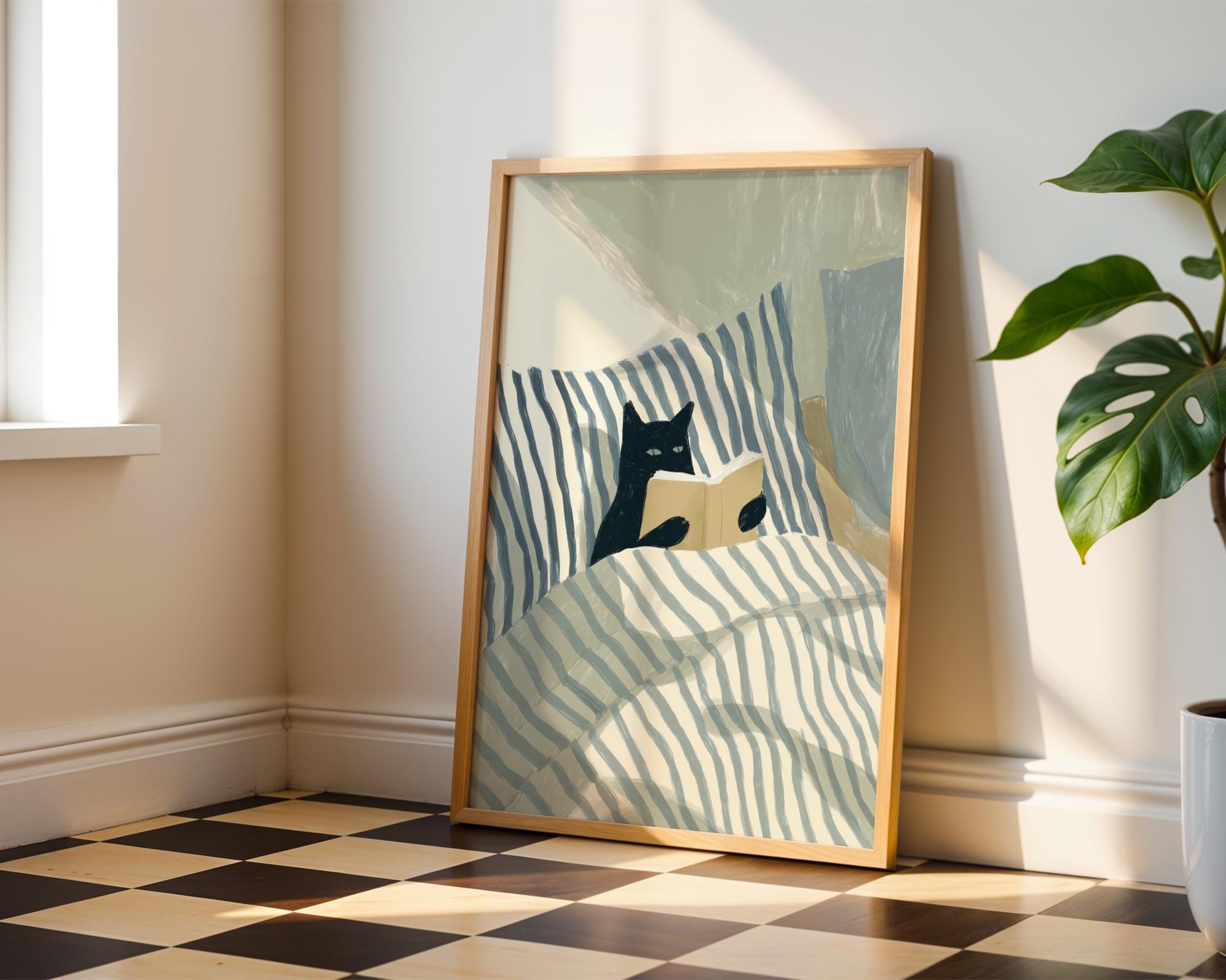 Black Cat Reading Wall Art Print – Cozy Book Lover Bedroom Decor