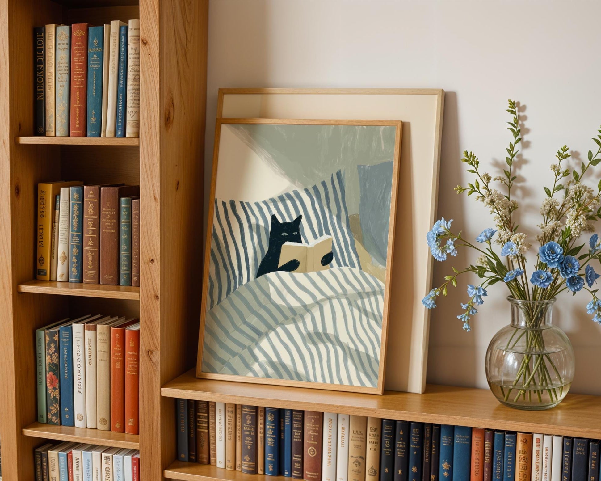Black Cat Reading Wall Art Print – Cozy Book Lover Bedroom Decor