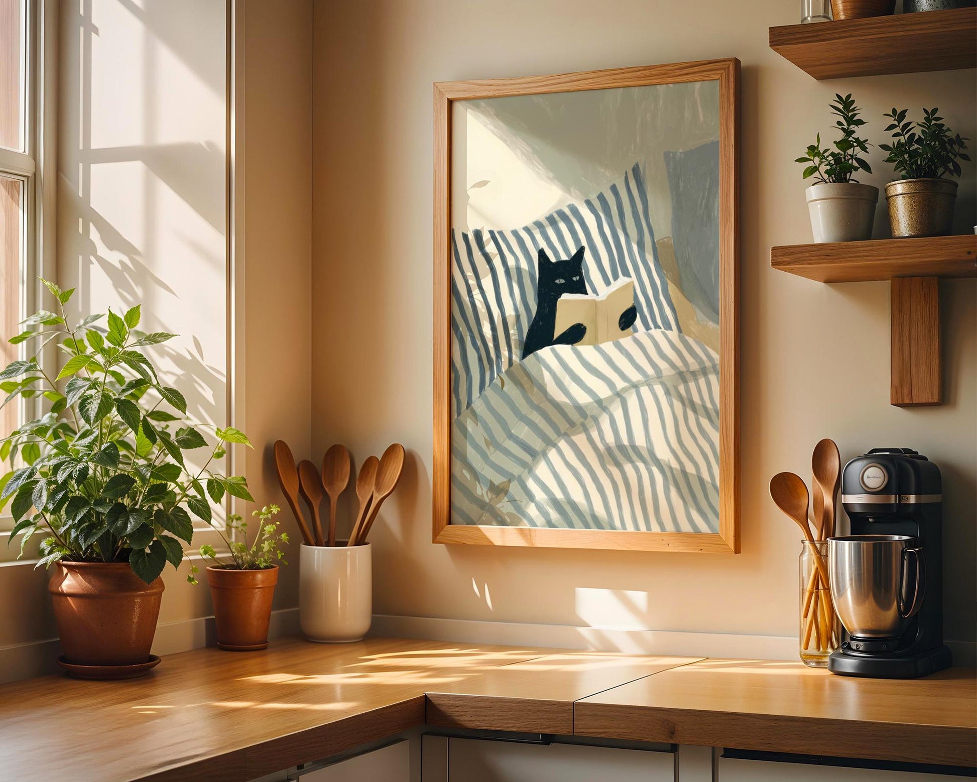 Black Cat Reading Wall Art Print – Cozy Book Lover Bedroom Decor