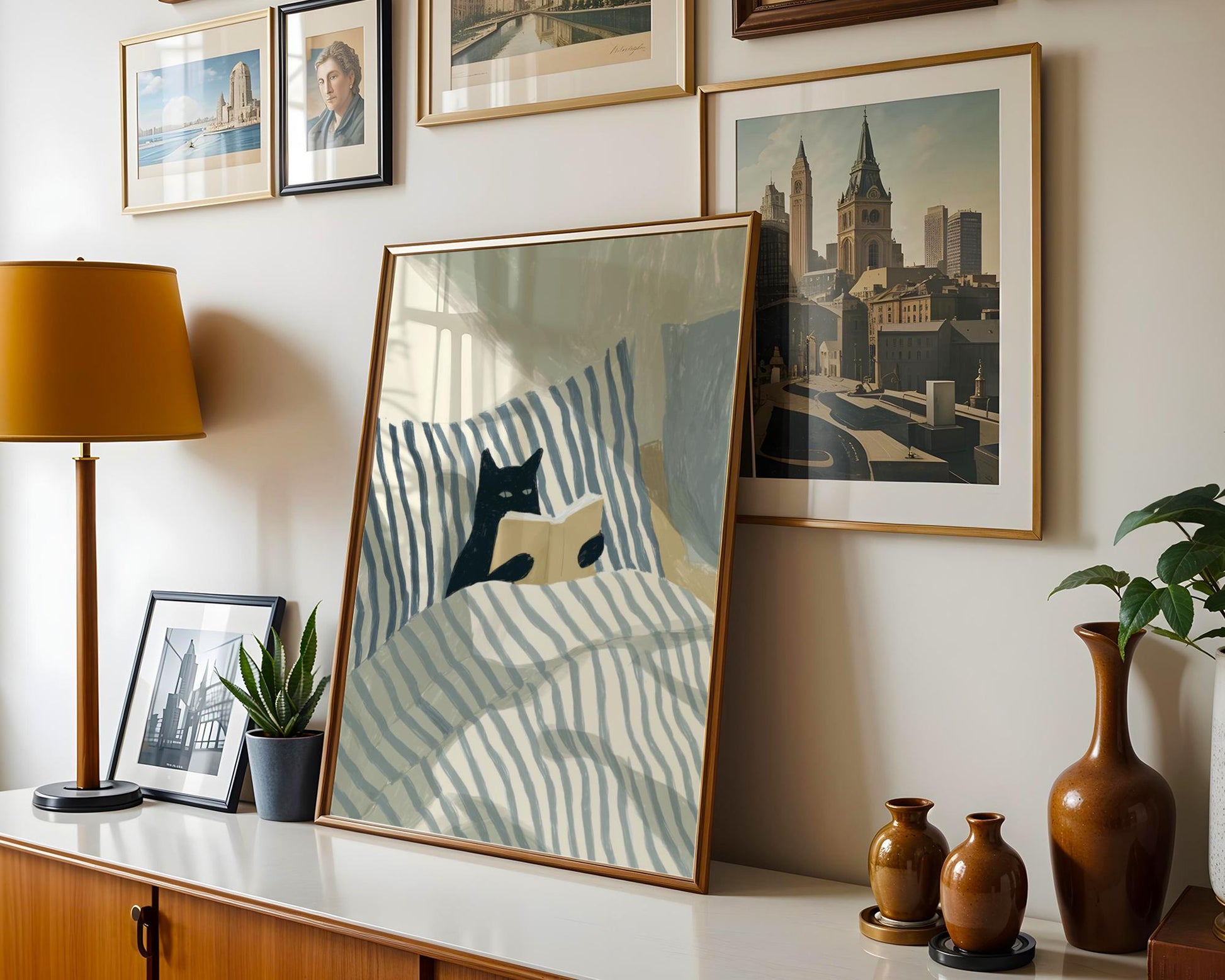 Black Cat Reading Wall Art Print – Cozy Book Lover Bedroom Decor