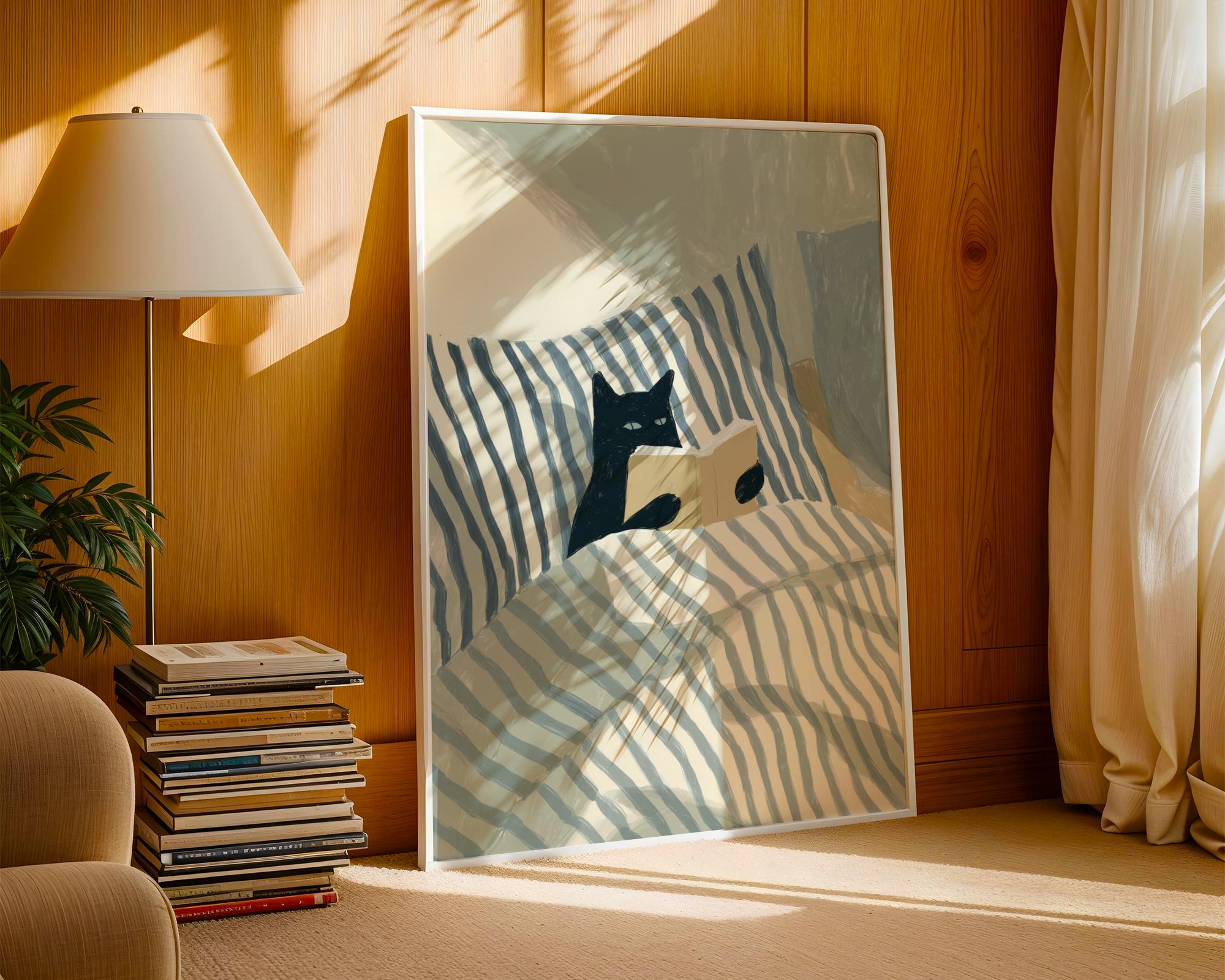 Black Cat Reading Wall Art Print – Cozy Book Lover Bedroom Decor
