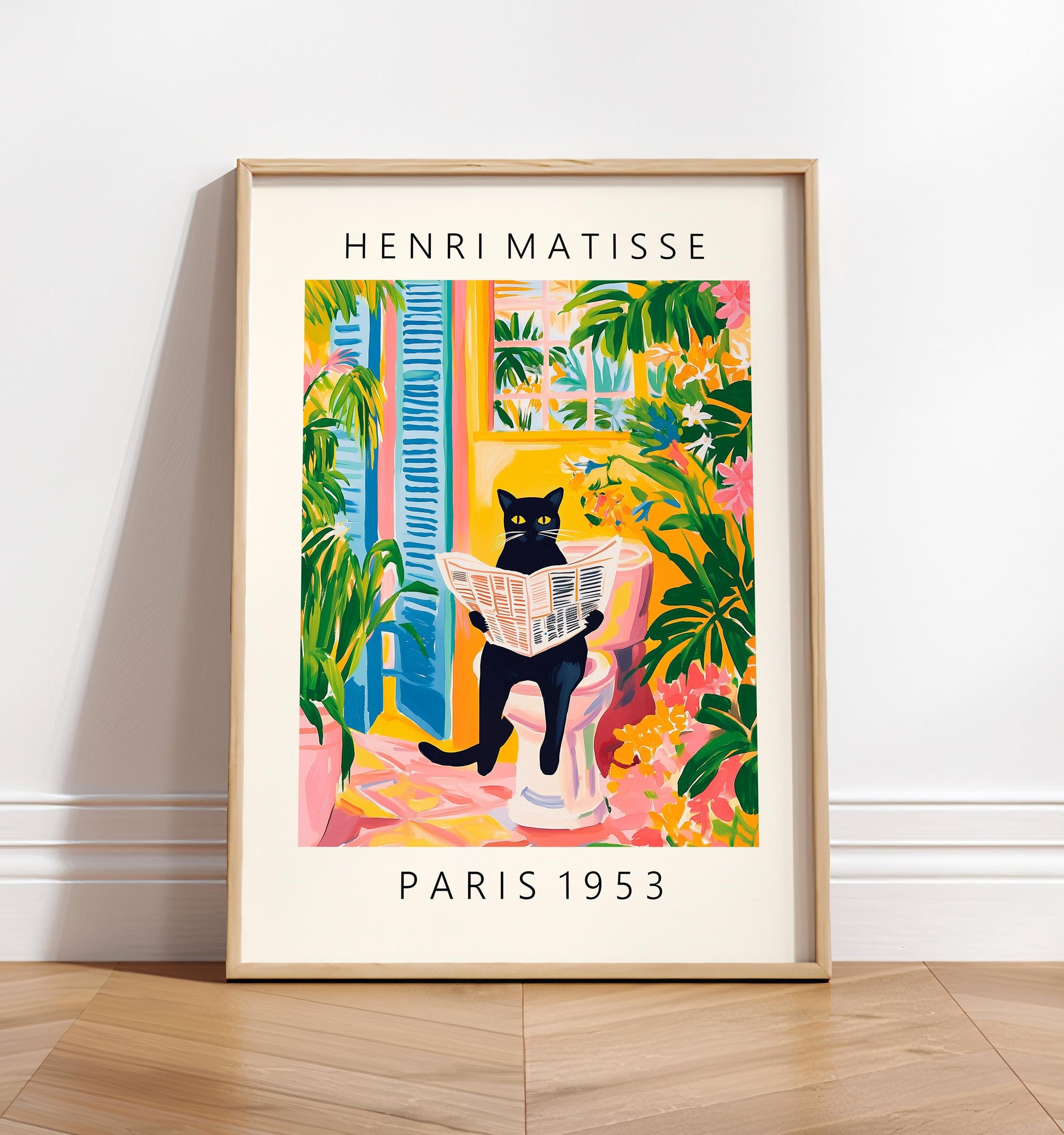 Black Cat Toilet Wall Art Print – Matisse Style Funny Tropical Bathroom Decor