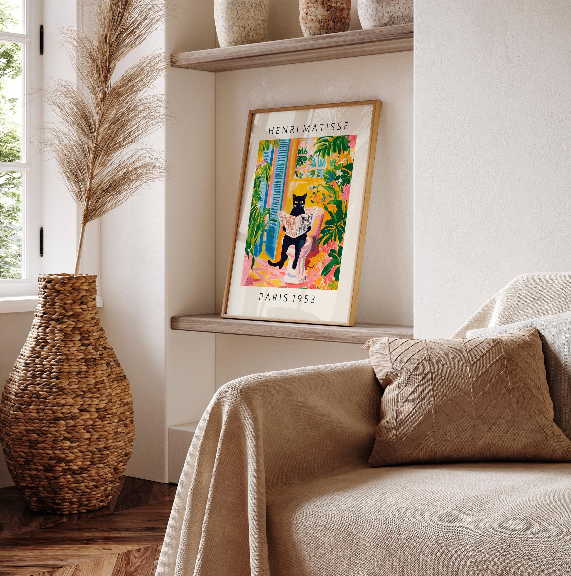 Black Cat Toilet Wall Art Print – Matisse Style Funny Tropical Bathroom Decor