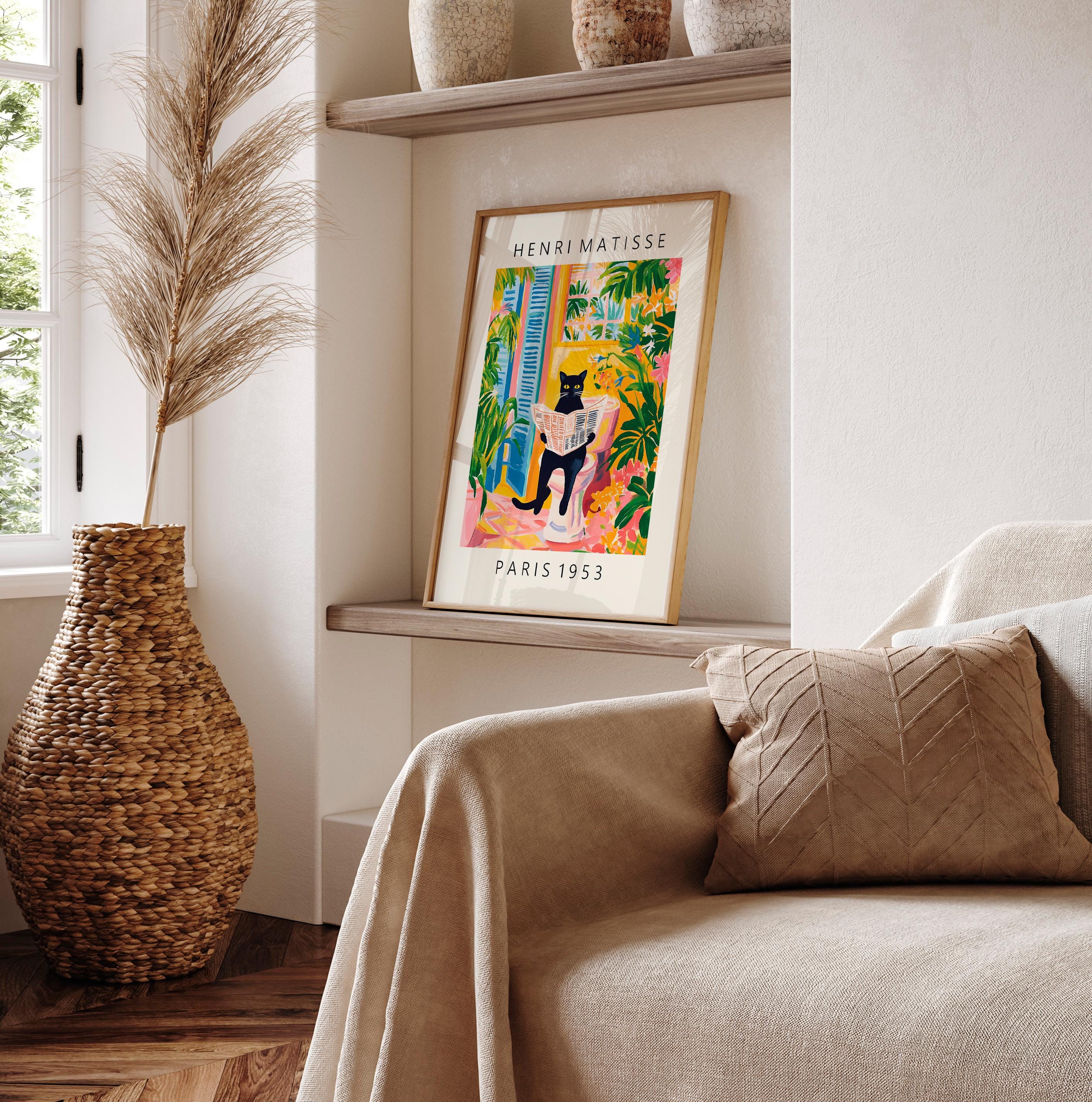 Black Cat Toilet Wall Art Print – Matisse Style Funny Tropical Bathroom Decor