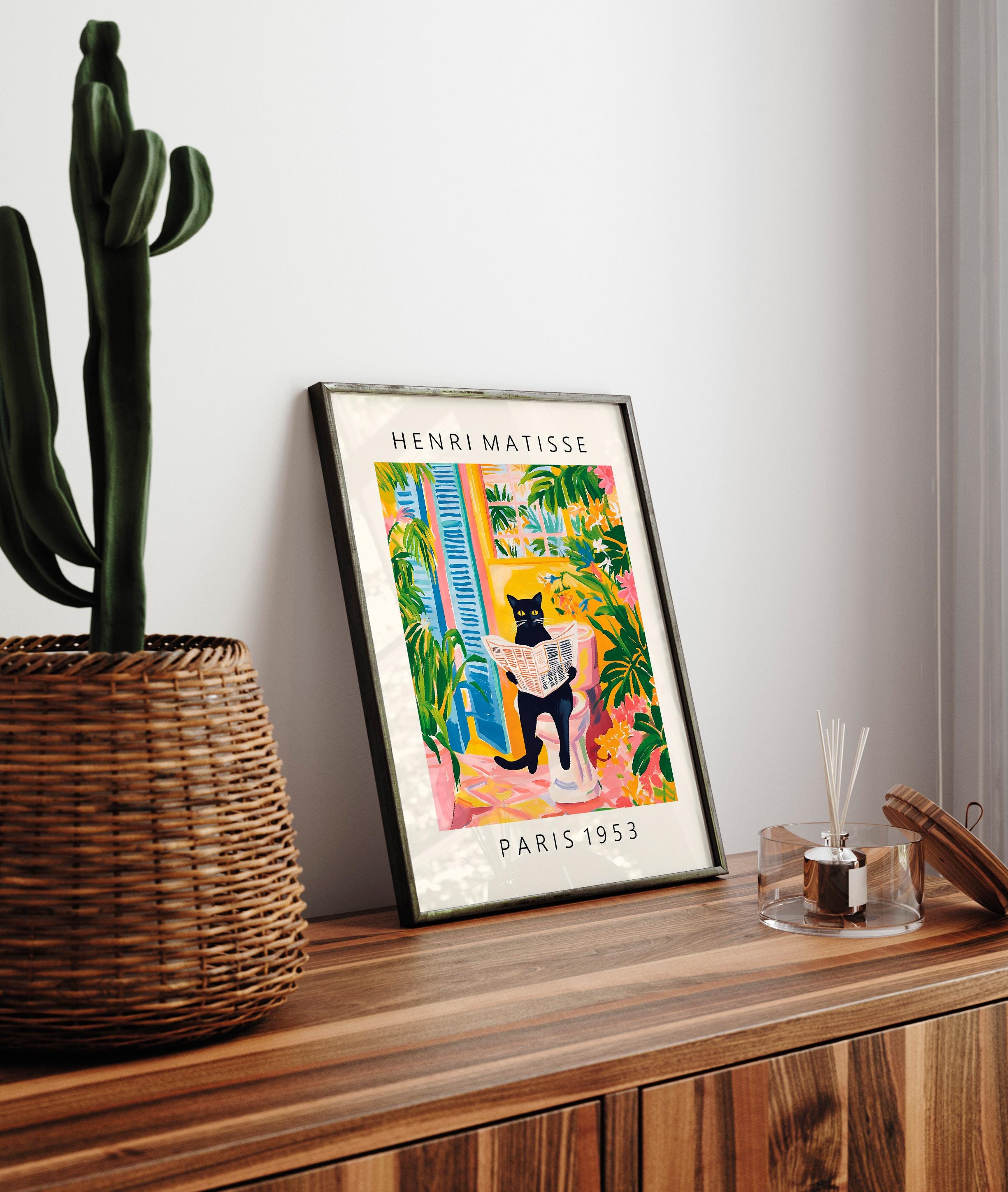 Black Cat Toilet Wall Art Print – Matisse Style Funny Tropical Bathroom Decor