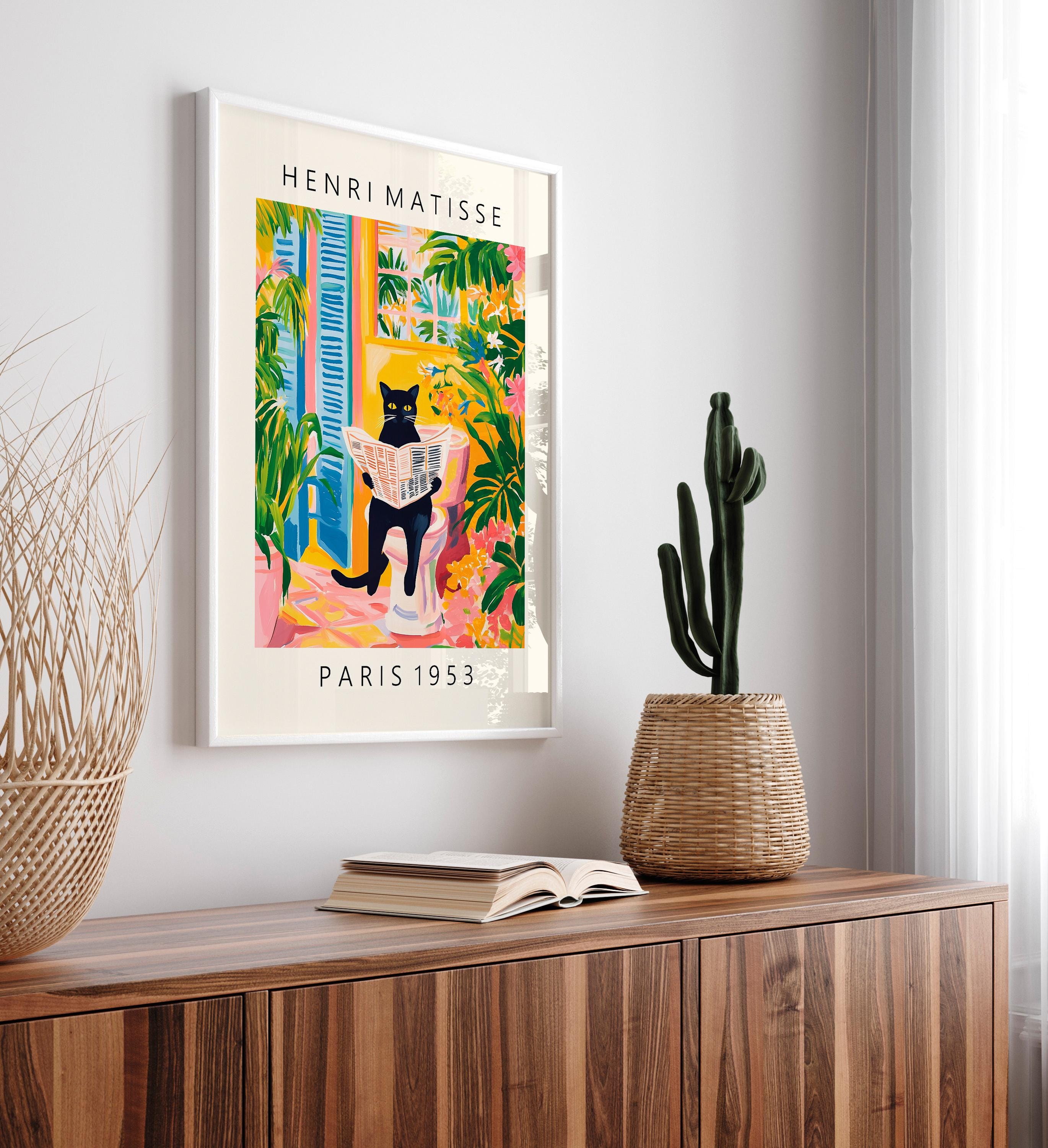 Black Cat Toilet Wall Art Print – Matisse Style Funny Tropical Bathroom Decor