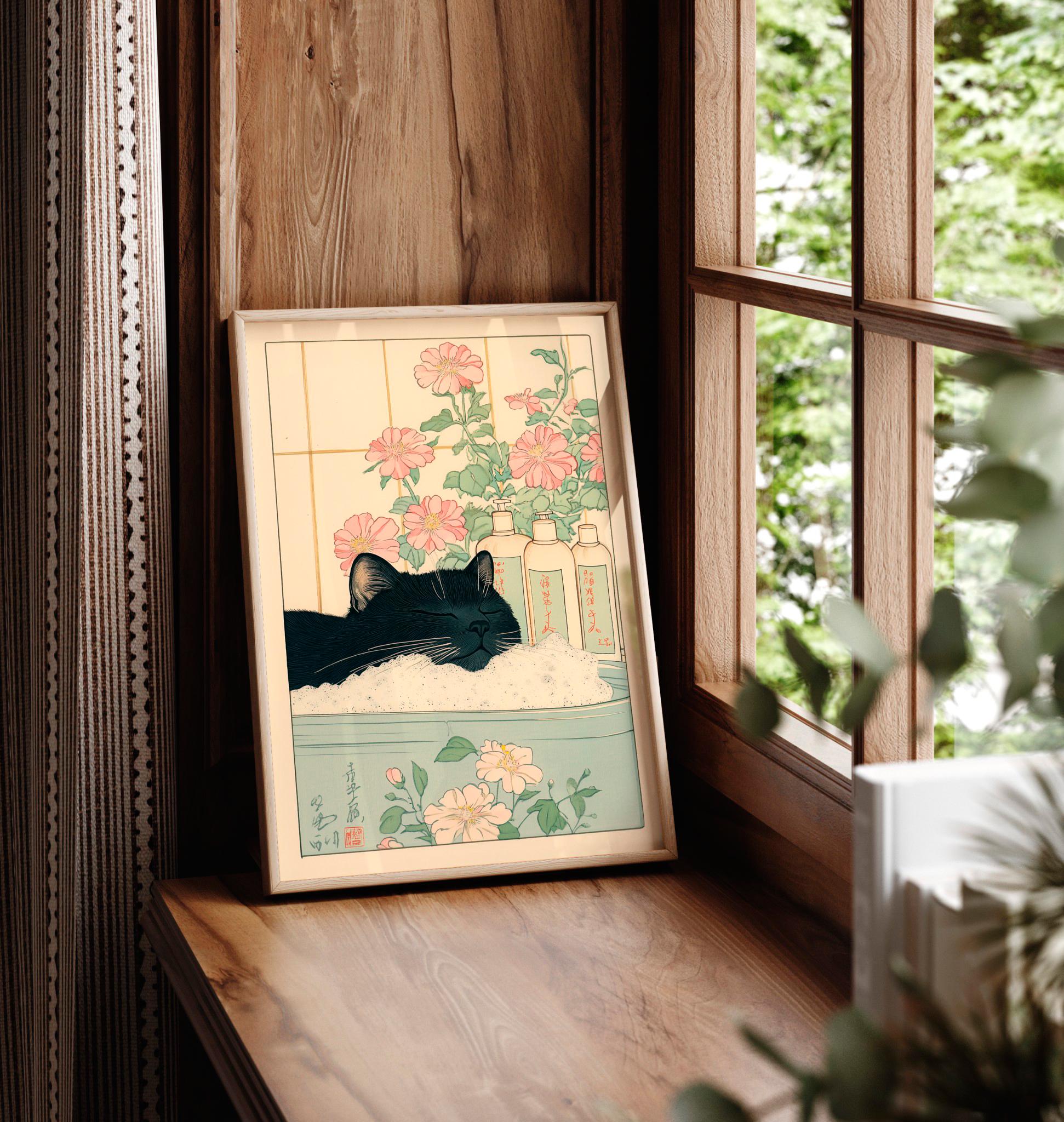 Black Cat in Bathtub Wall Art Print – Japanese Minimalist Bathroom Decor