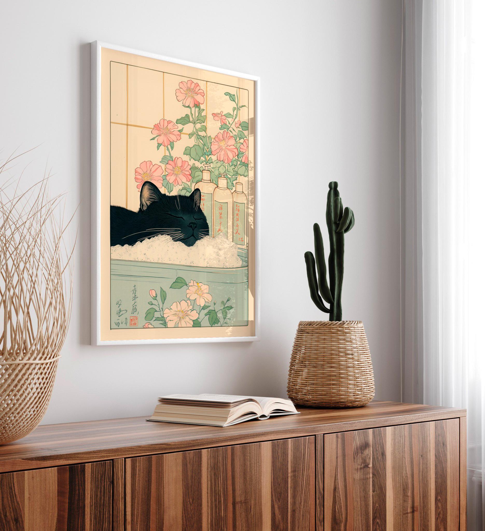 Black Cat in Bathtub Wall Art Print – Japanese Minimalist Bathroom Decor