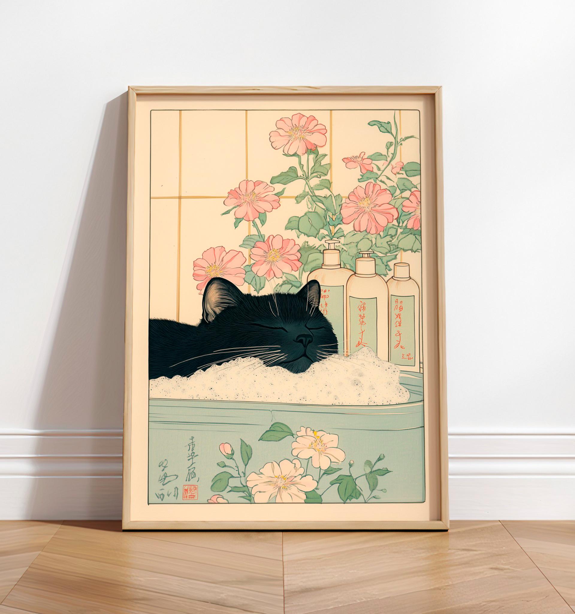 Black Cat in Bathtub Wall Art Print – Japanese Minimalist Bathroom Decor