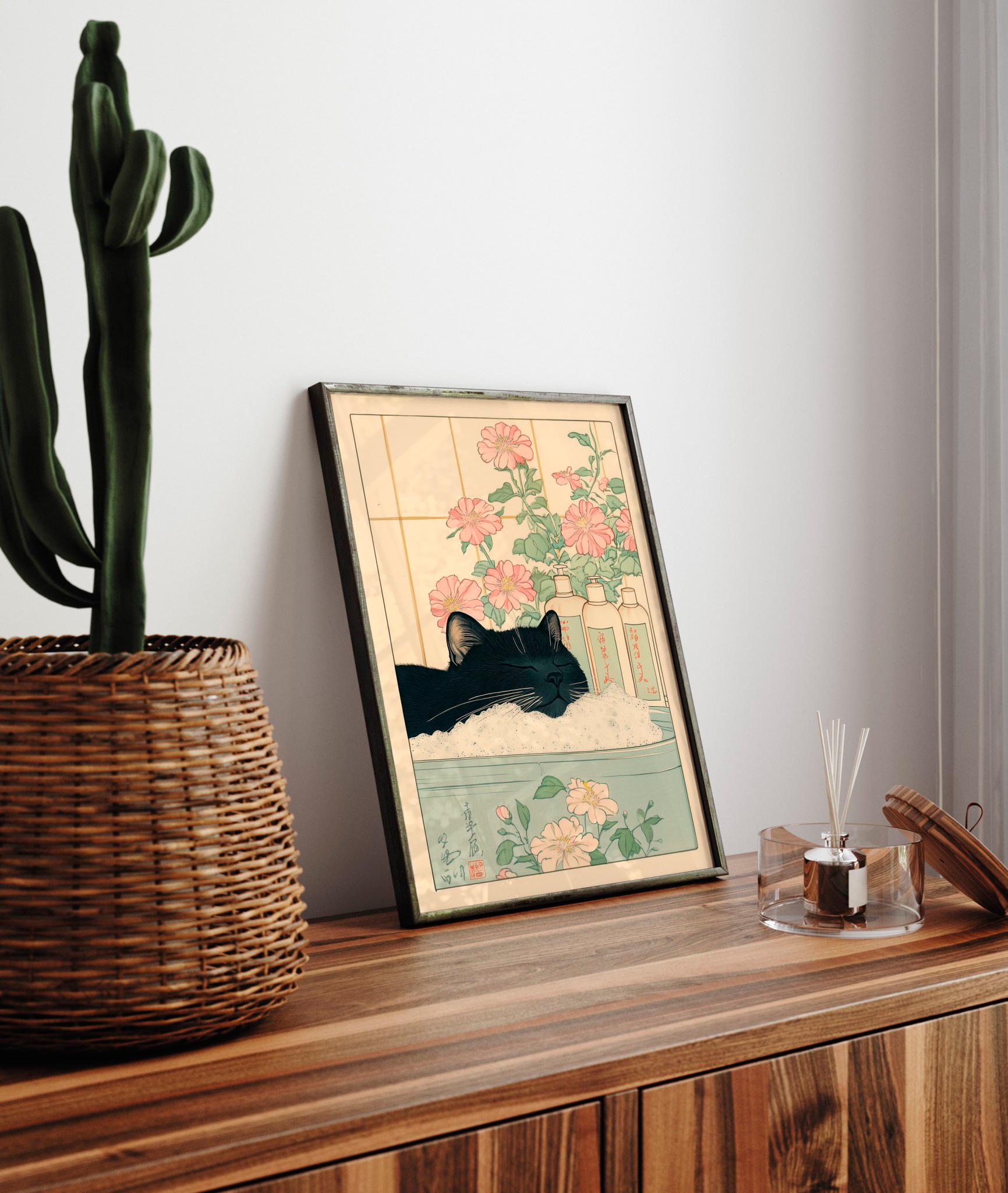 Black Cat in Bathtub Wall Art Print – Japanese Minimalist Bathroom Decor