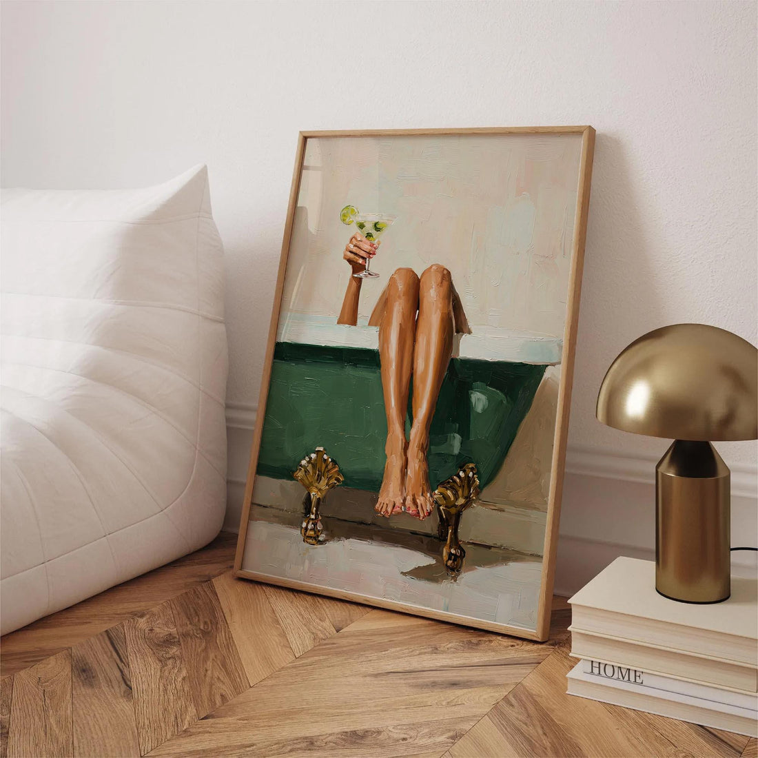Black Woman Bathtub Wall Art Print – Green Luxury Glam Bathroom Decor Illustration