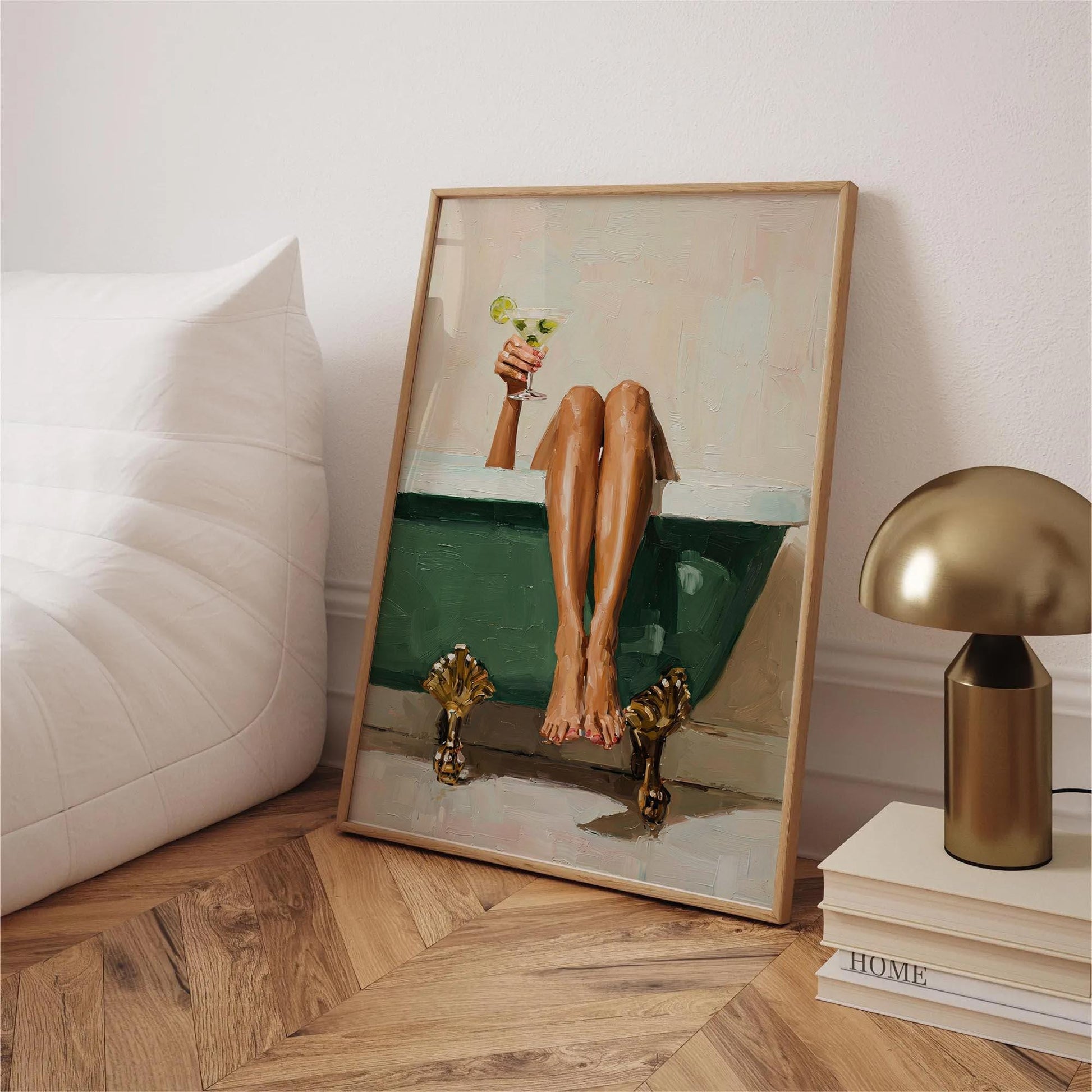 Black Woman Bathtub Wall Art Print – Green Luxury Glam Bathroom Decor Illustration