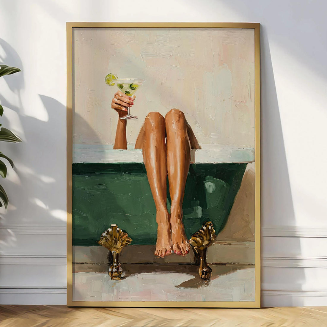 Black Woman Bathtub Wall Art Print – Green Luxury Glam Bathroom Decor Illustration