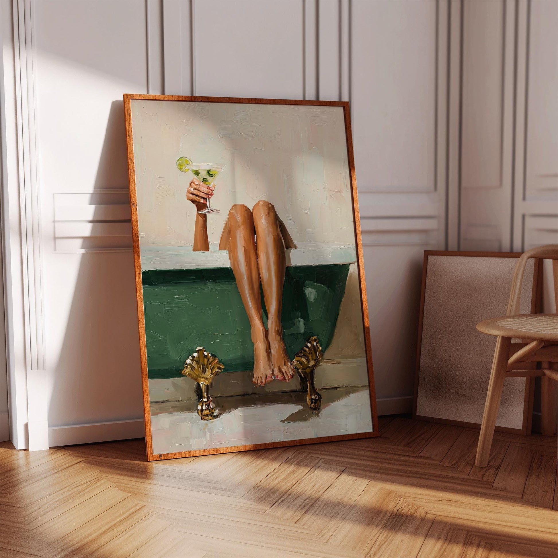Black Woman Bathtub Wall Art Print – Green Luxury Glam Bathroom Decor Illustration