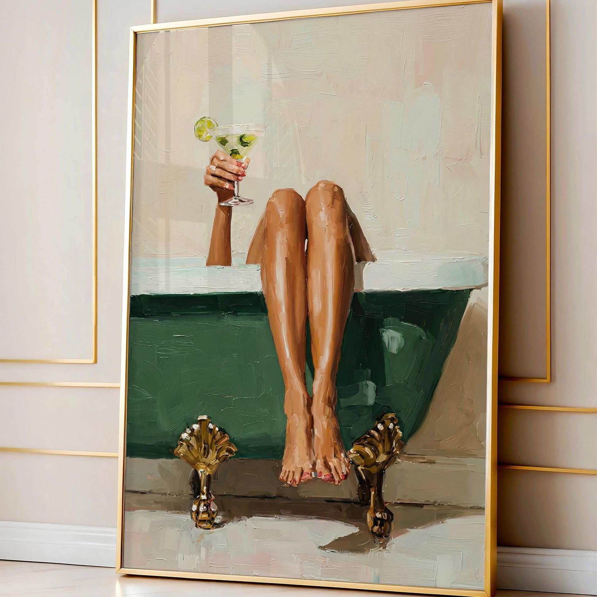 Black Woman Bathtub Wall Art Print – Green Luxury Glam Bathroom Decor Illustration