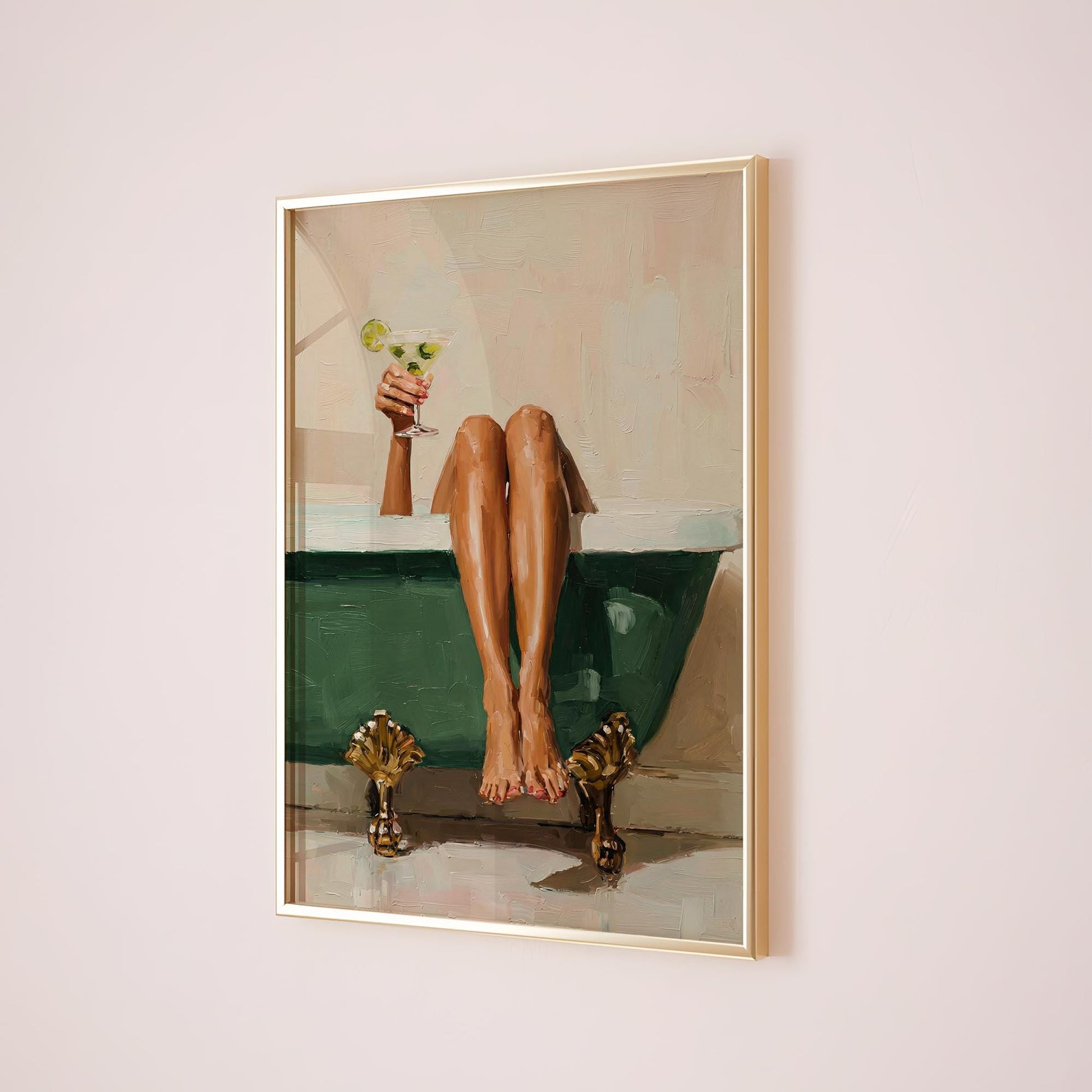 Black Woman Bathtub Wall Art Print – Green Luxury Glam Bathroom Decor Illustration