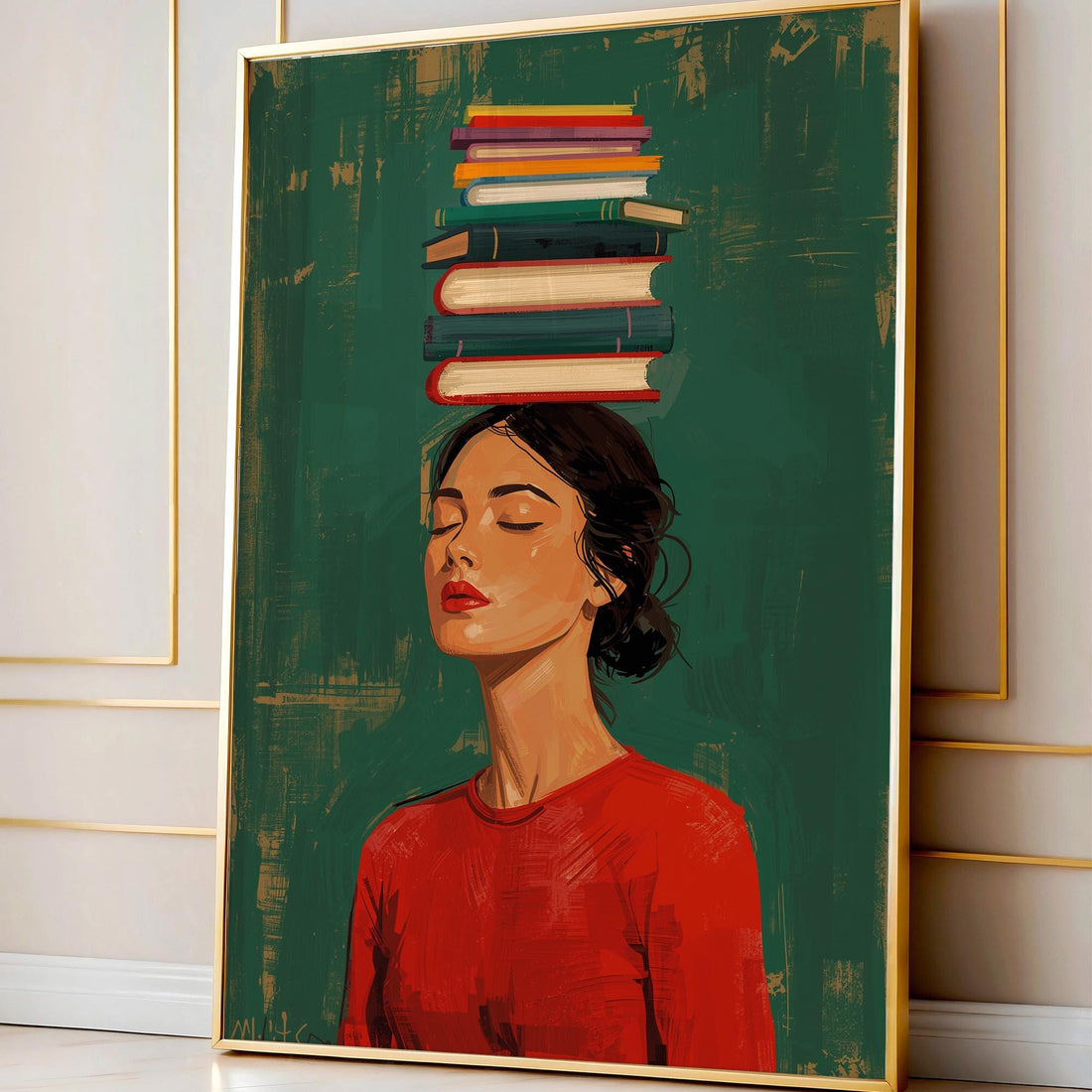 Book Lover Wall Art Print – Woman with Books Literary Reading Decor Poster
