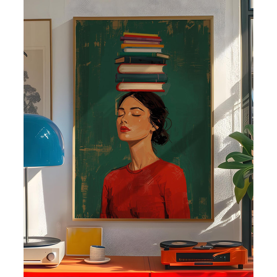 Book Lover Wall Art Print – Woman with Books Literary Reading Decor Poster