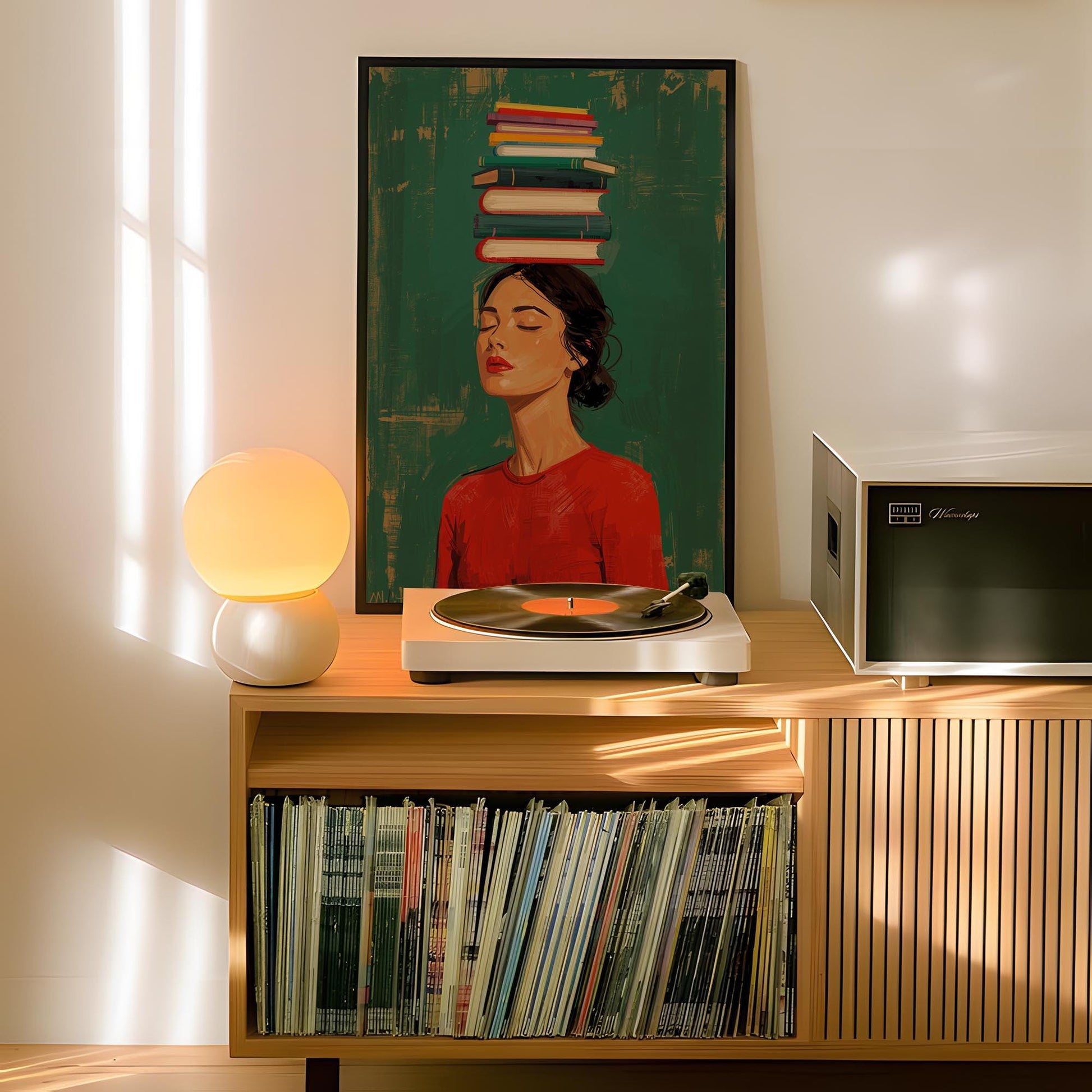 Book Lover Wall Art Print – Woman with Books Literary Reading Decor Poster