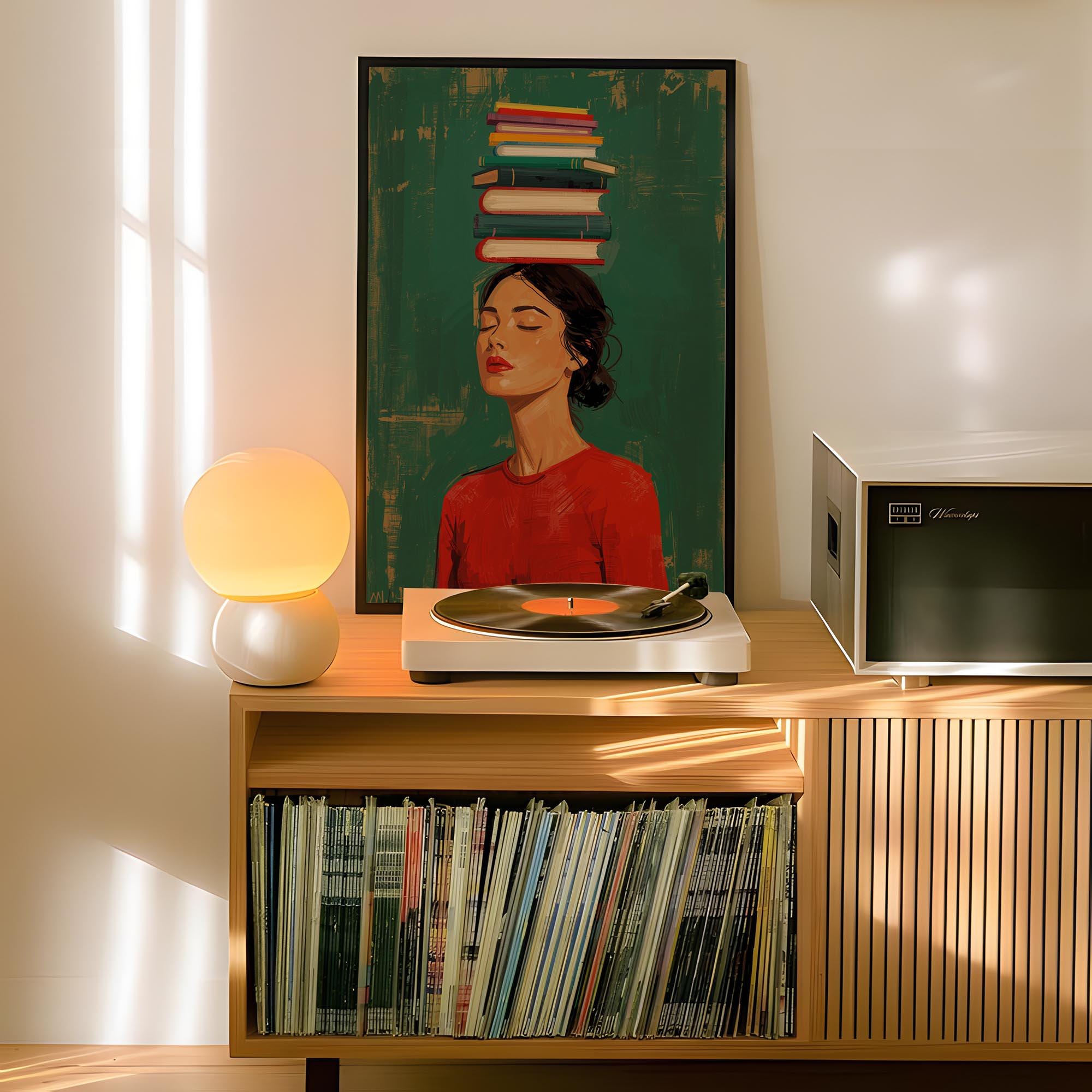 Book Lover Wall Art Print – Woman with Books Literary Reading Decor Poster