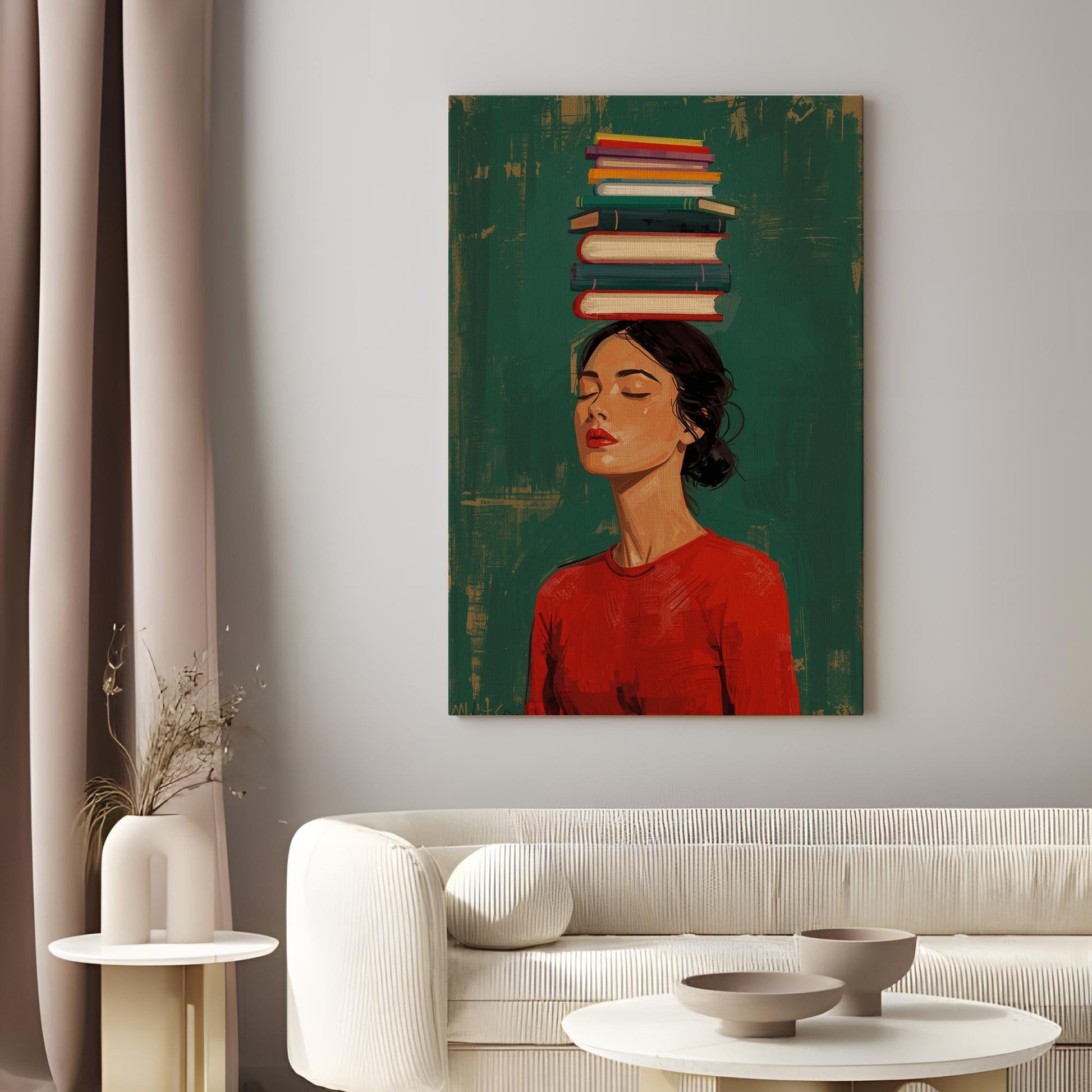 Book Lover Wall Art Print – Woman with Books Literary Reading Decor Poster