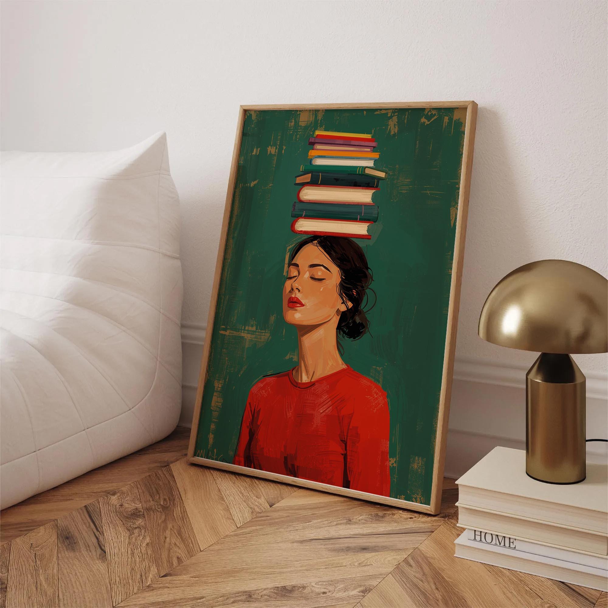Book Lover Wall Art Print – Woman with Books Literary Reading Decor Poster