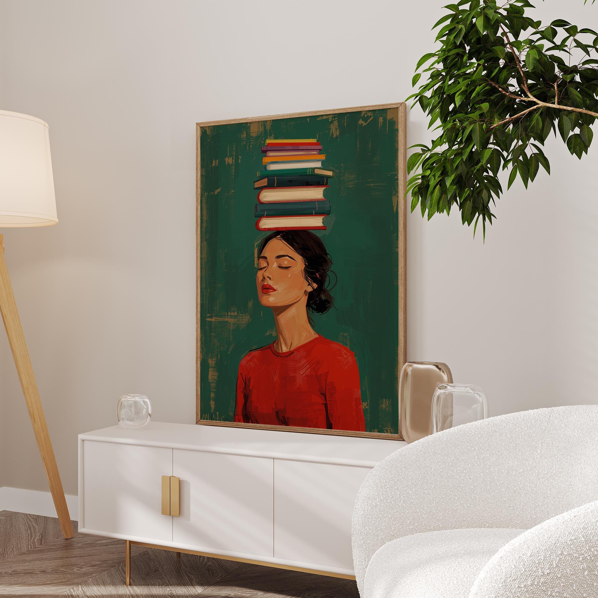 Book Lover Wall Art Print – Woman with Books Literary Reading Decor Poster
