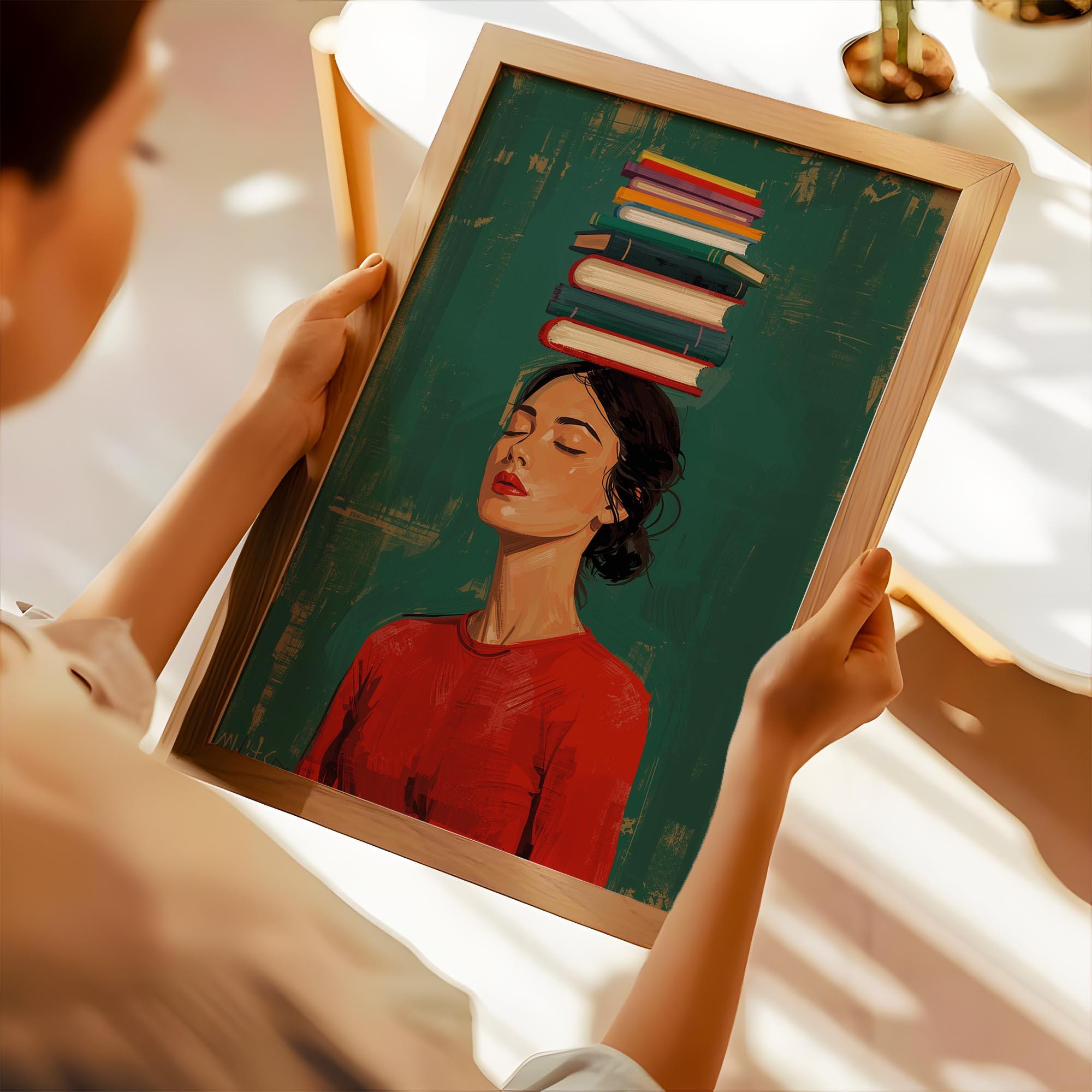 Book Lover Wall Art Print – Woman with Books Literary Reading Decor Poster