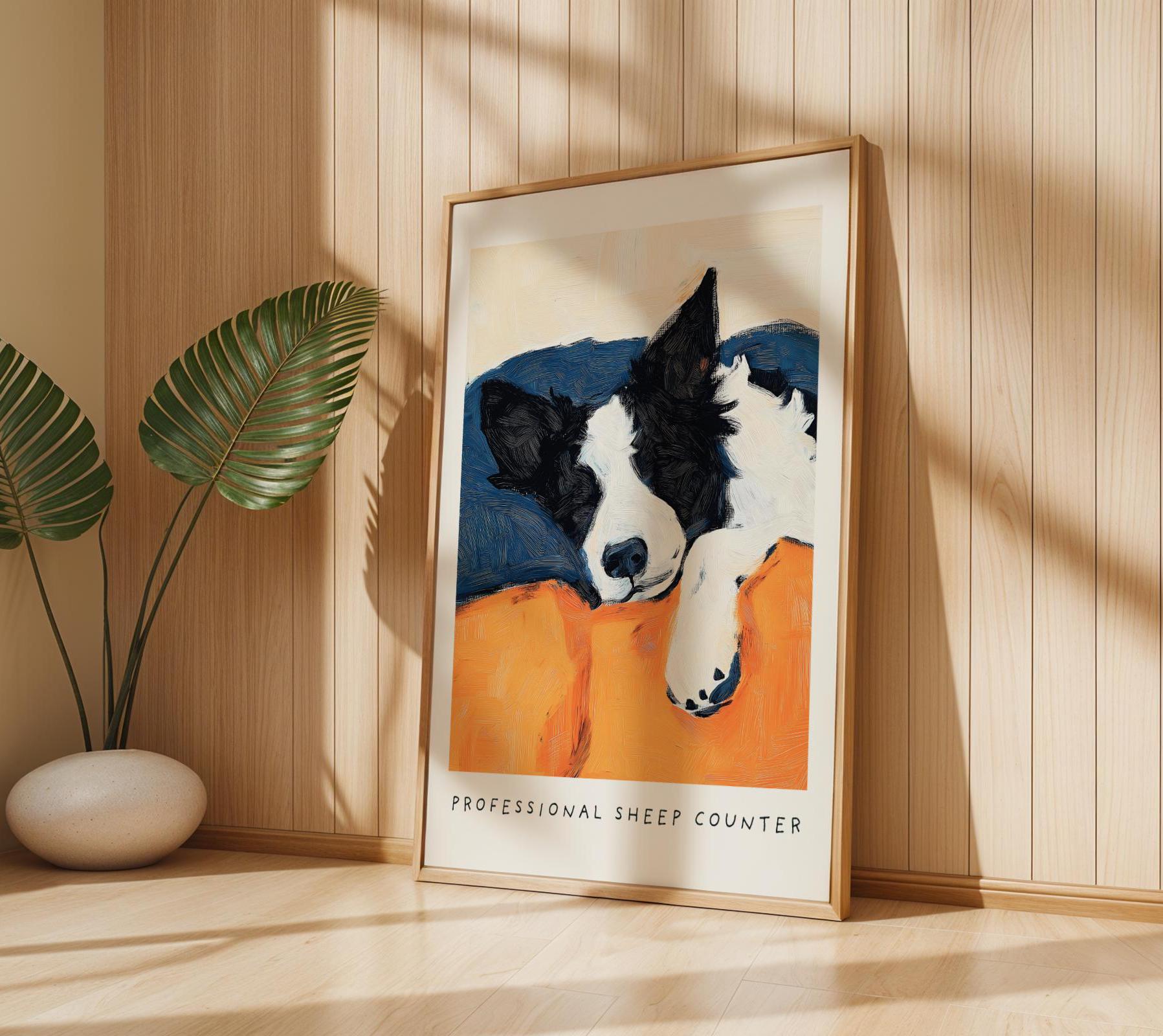 Border Collie Wall Art Print – Cozy Bedtime Dog Illustration Professional Sheep Counter