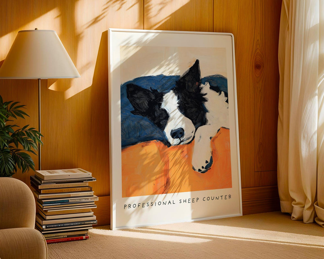 Border Collie Wall Art Print – Cozy Bedtime Dog Illustration Professional Sheep Counter
