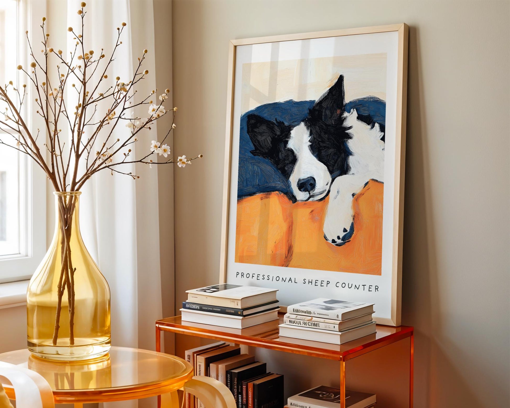 Border Collie Wall Art Print – Cozy Bedtime Dog Illustration Professional Sheep Counter