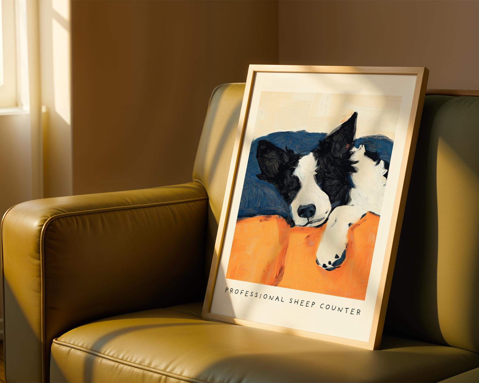 Border Collie Wall Art Print – Cozy Bedtime Dog Illustration Professional Sheep Counter