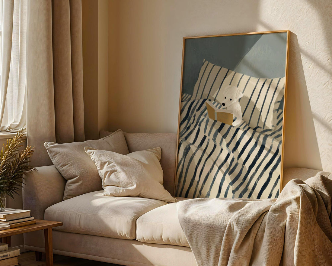 Dog Reading Wall Art Print – Cozy Book Lover Dog Bedroom Decor Poster