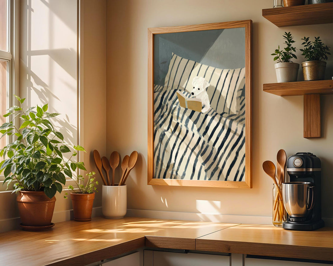Dog Reading Wall Art Print – Cozy Book Lover Dog Bedroom Decor Poster