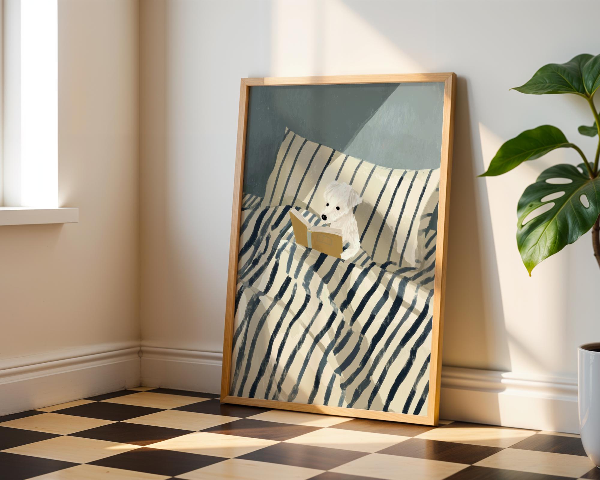 Dog Reading Wall Art Print – Cozy Book Lover Dog Bedroom Decor Poster