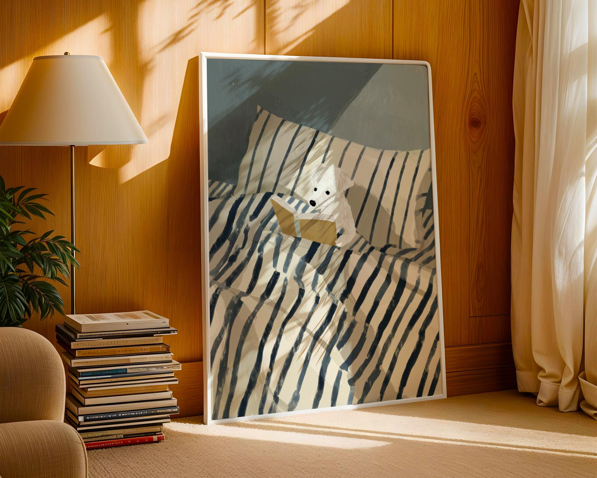 Dog Reading Wall Art Print – Cozy Book Lover Dog Bedroom Decor Poster